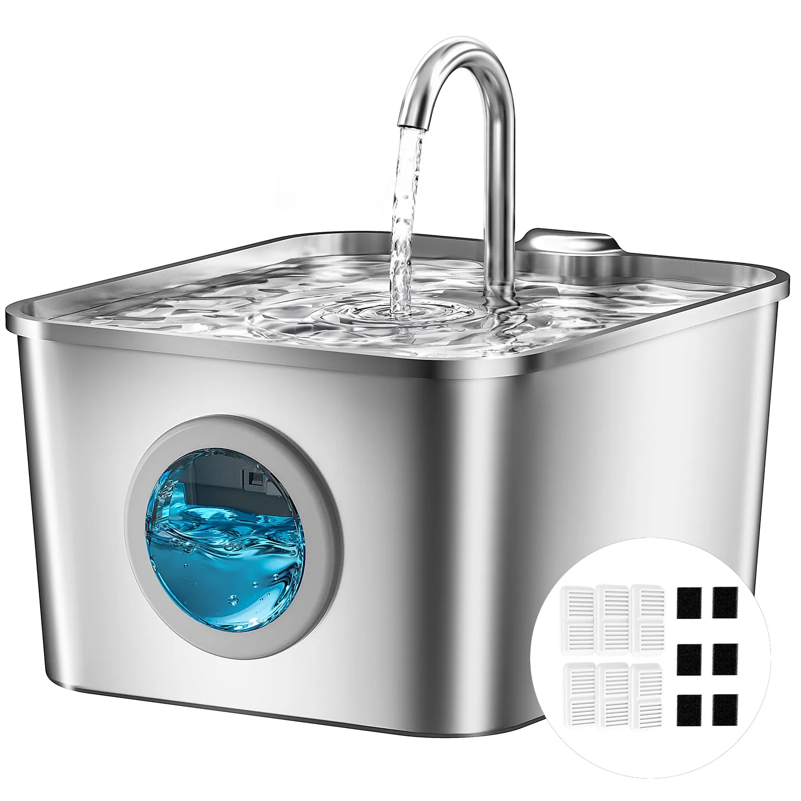 BalimoPet Fontanella per Gatti in Acciaio Inox 2,6L con Rubinetto, Filtrazione Quadrupla e LED, Include 6 Filtri e 6 Spugne - immagine 1