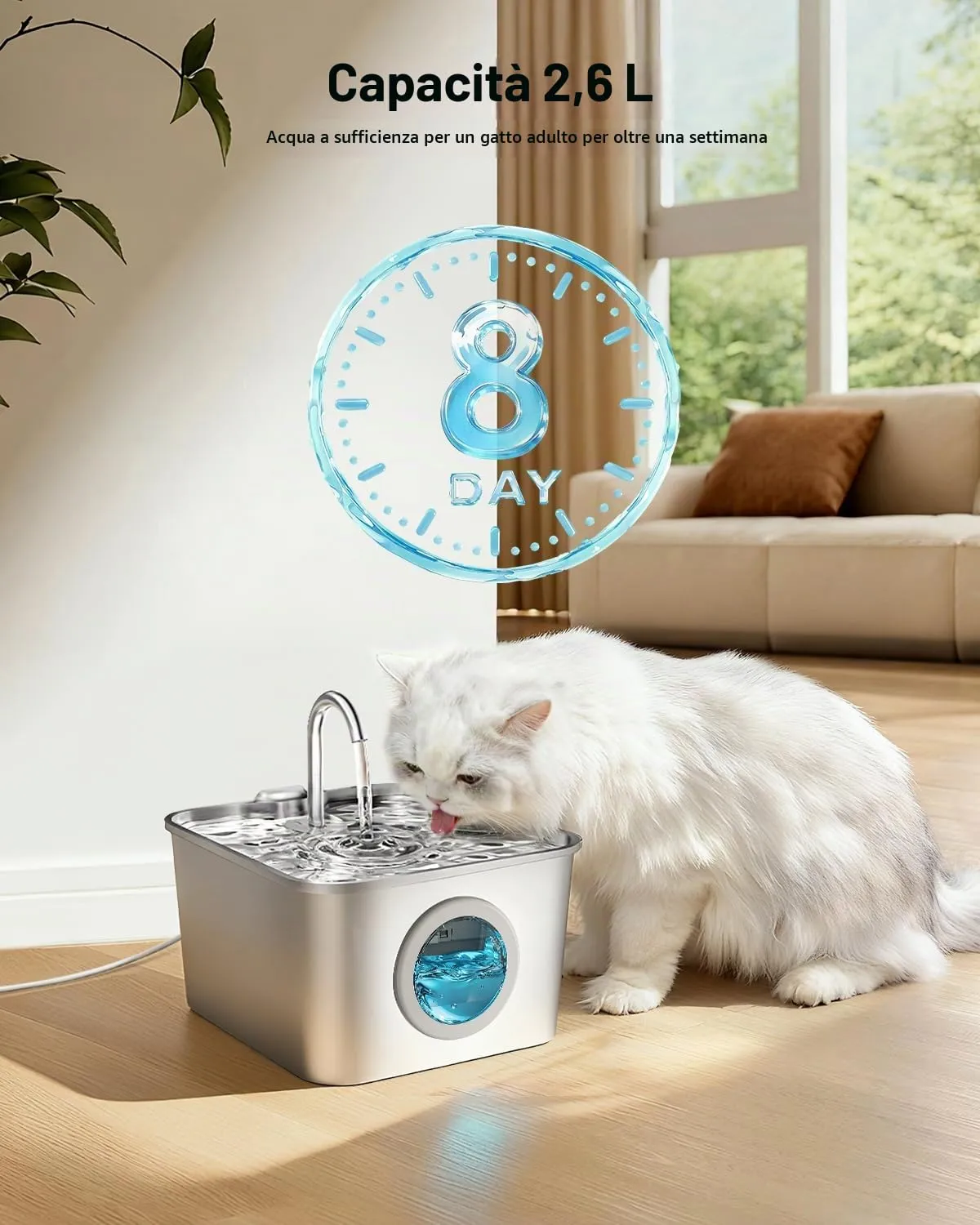 BalimoPet Fontanella per Gatti in Acciaio Inox 2,6L con Rubinetto, Filtrazione Quadrupla e LED, Include 6 Filtri e 6 Spugne - immagine 2