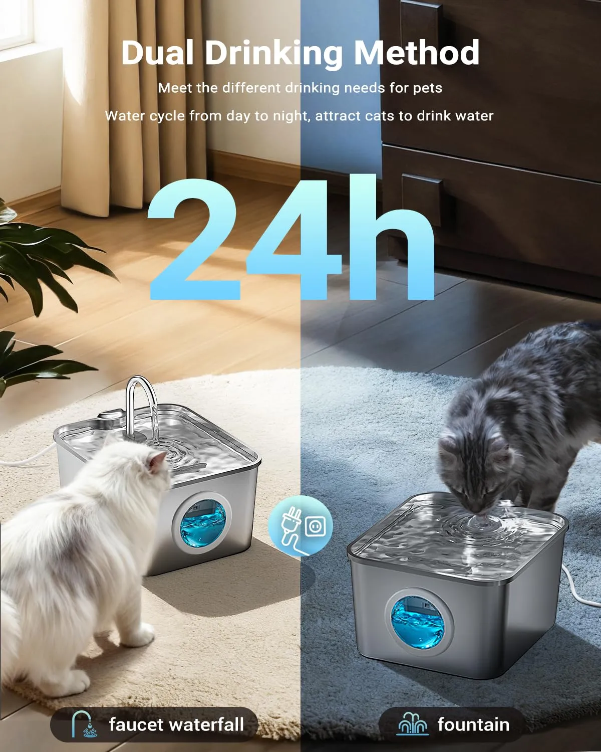 BalimoPet Fontanella per Gatti in Acciaio Inox 2,6L con Rubinetto, Filtrazione Quadrupla e LED, Include 6 Filtri e 6 Spugne - immagine 6