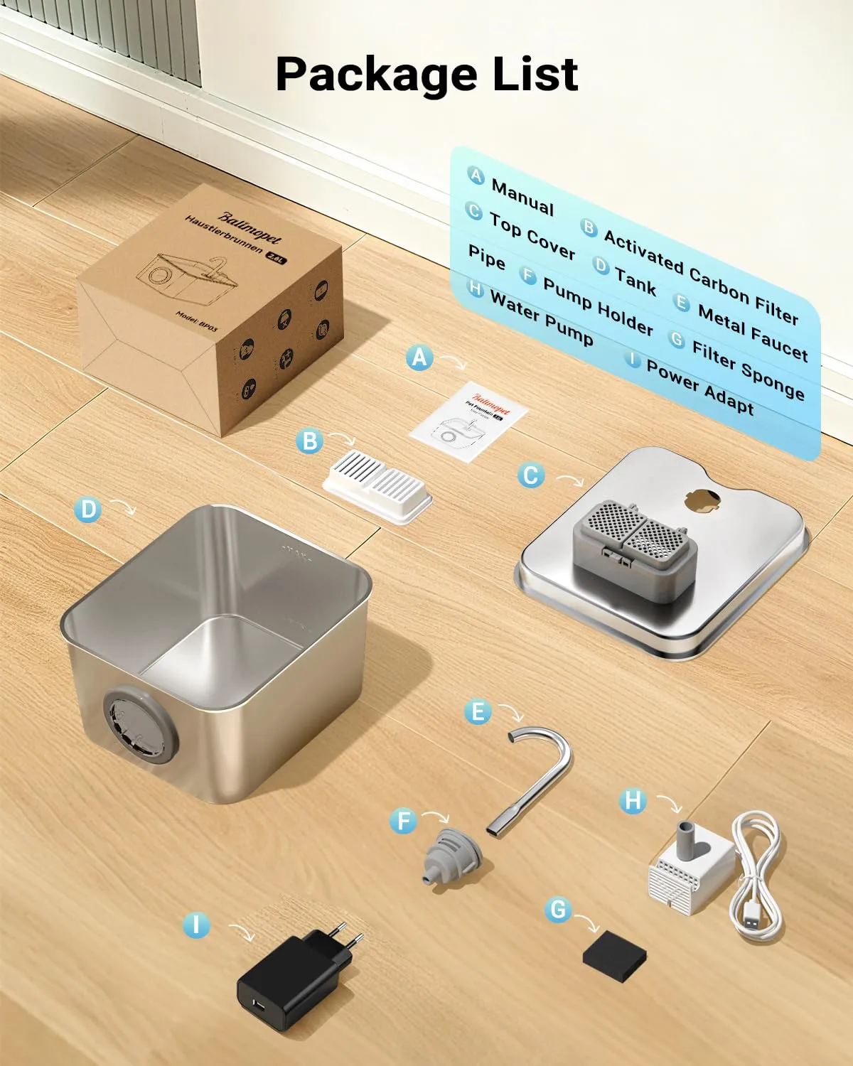 BalimoPet Fontanella per Gatti in Acciaio Inox 2,6L con Rubinetto, Filtrazione Quadrupla e LED, Include 6 Filtri e 6 Spugne - immagine 7
