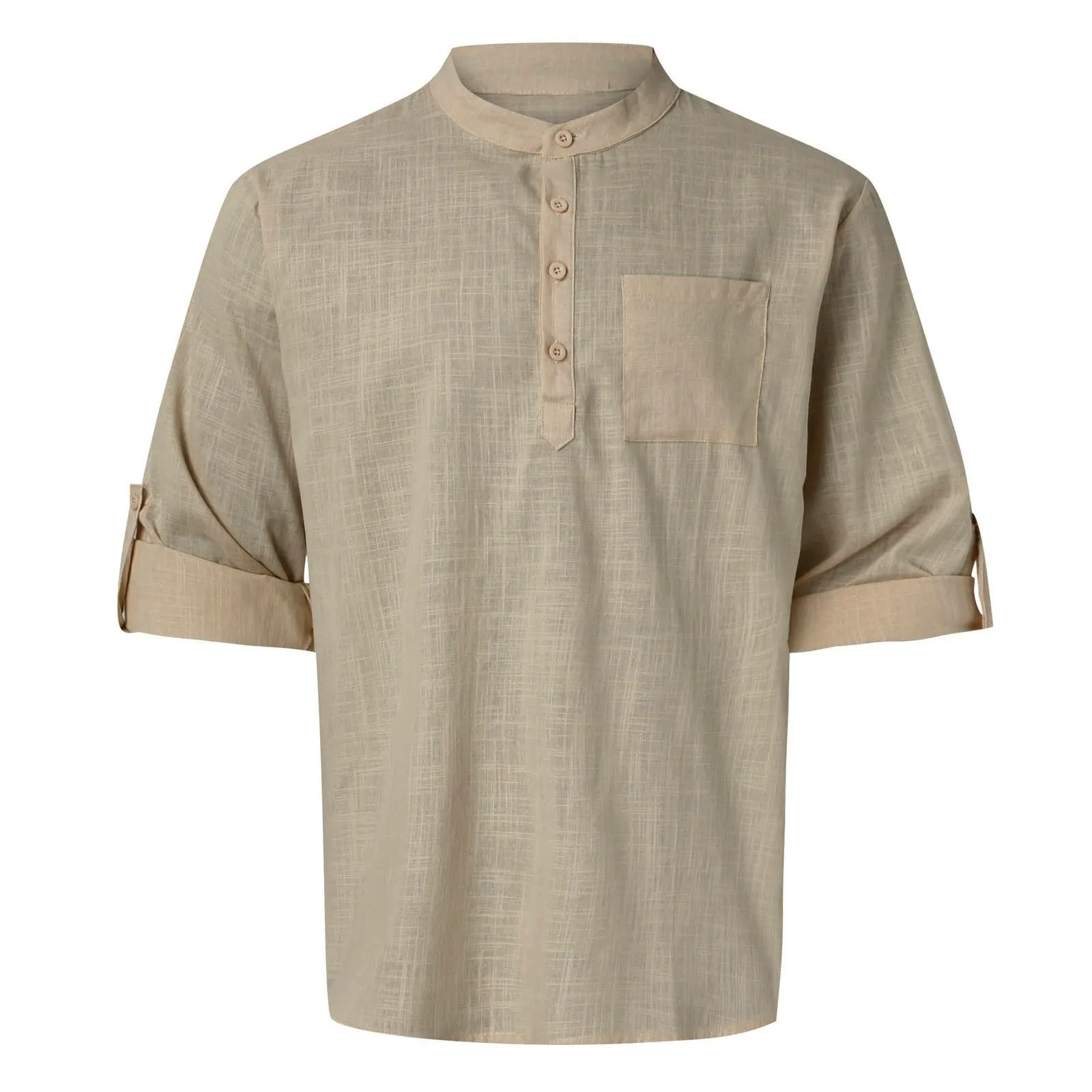 CEWIFO Camicia in Lino Uomo Manica Lunga Slim Fit Collo Coreana con Taschino, Cachi-2, 4XL - immagine 3