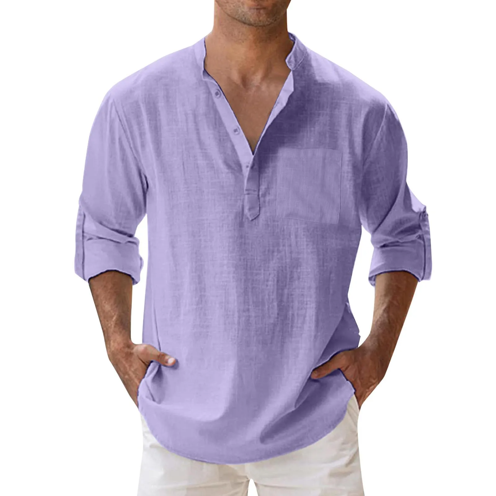 CEWIFO Camicia Henley in Lino per Uomo Maniche Lunghe Casual Traspirante Vestibilità Regolare - immagine 1