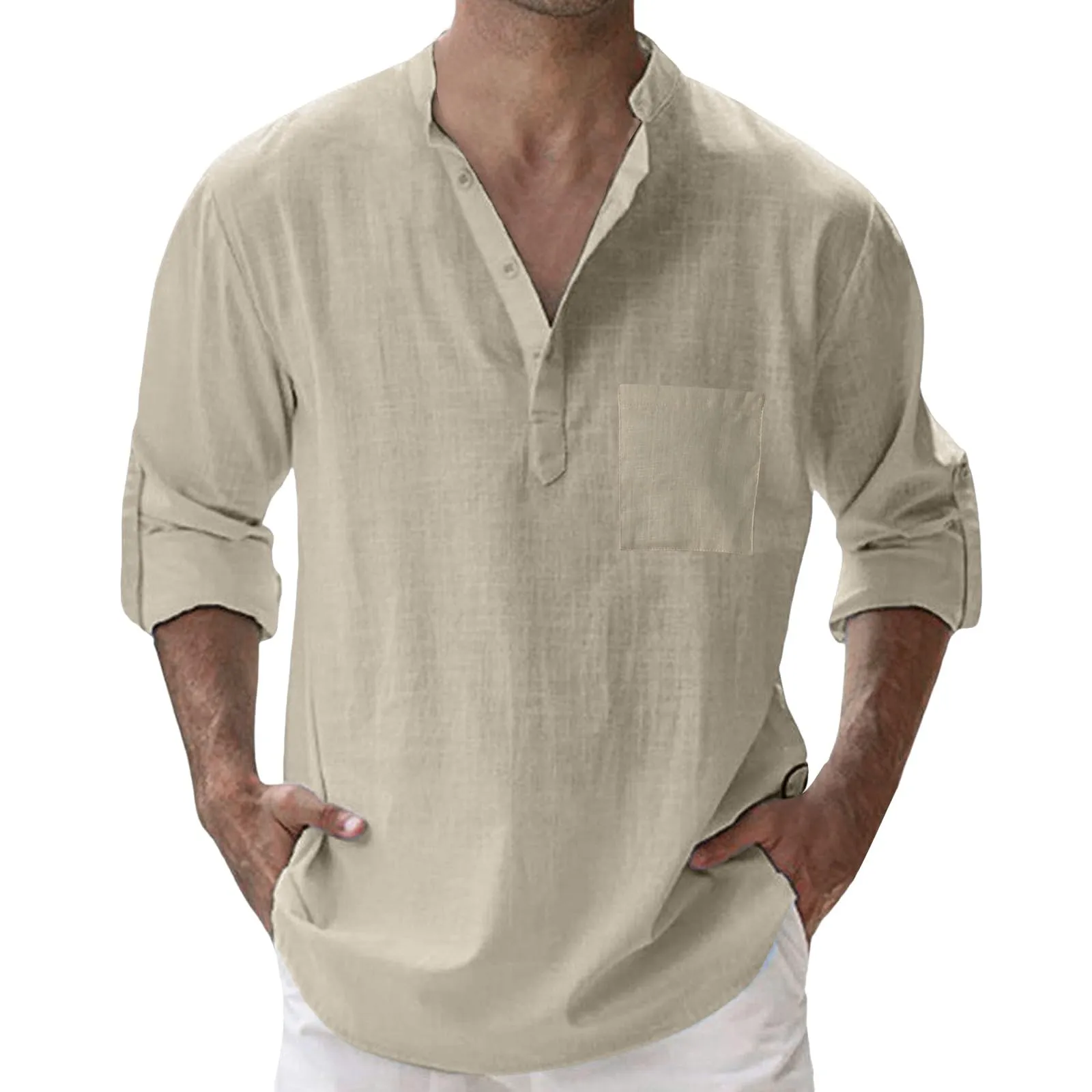 CEWIFO Camicia Lino e Cotone Uomo Collo Coreana Manica Lunga Tinta Unita Casual Henley - immagine 1