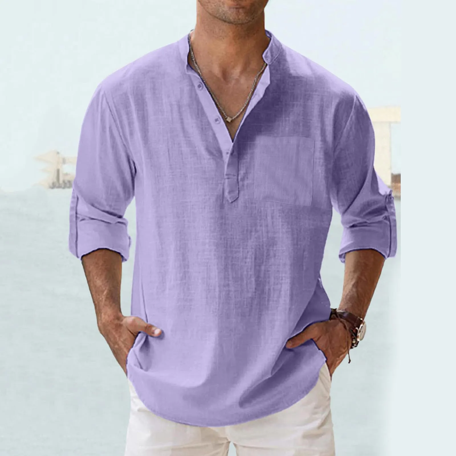 CEWIFO Camicia in Lino e Cotone da Uomo con Cappuccio e Tasca, Maniche Lunghe - immagine 2