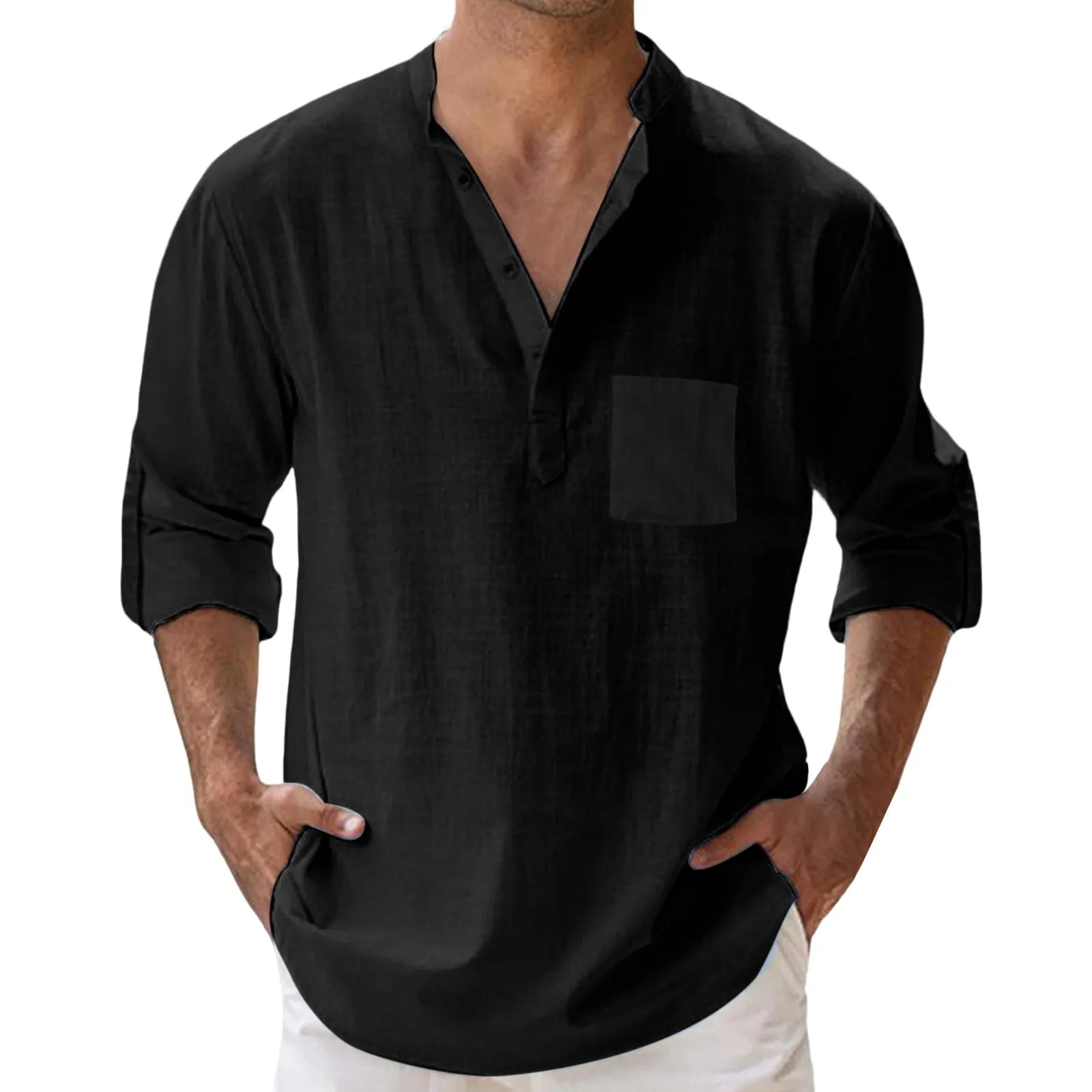 CEWIFO Camicia in Lino Uomo Manica Lunga Collo Coreana Tinta Unita Nero 4XL - immagine 1