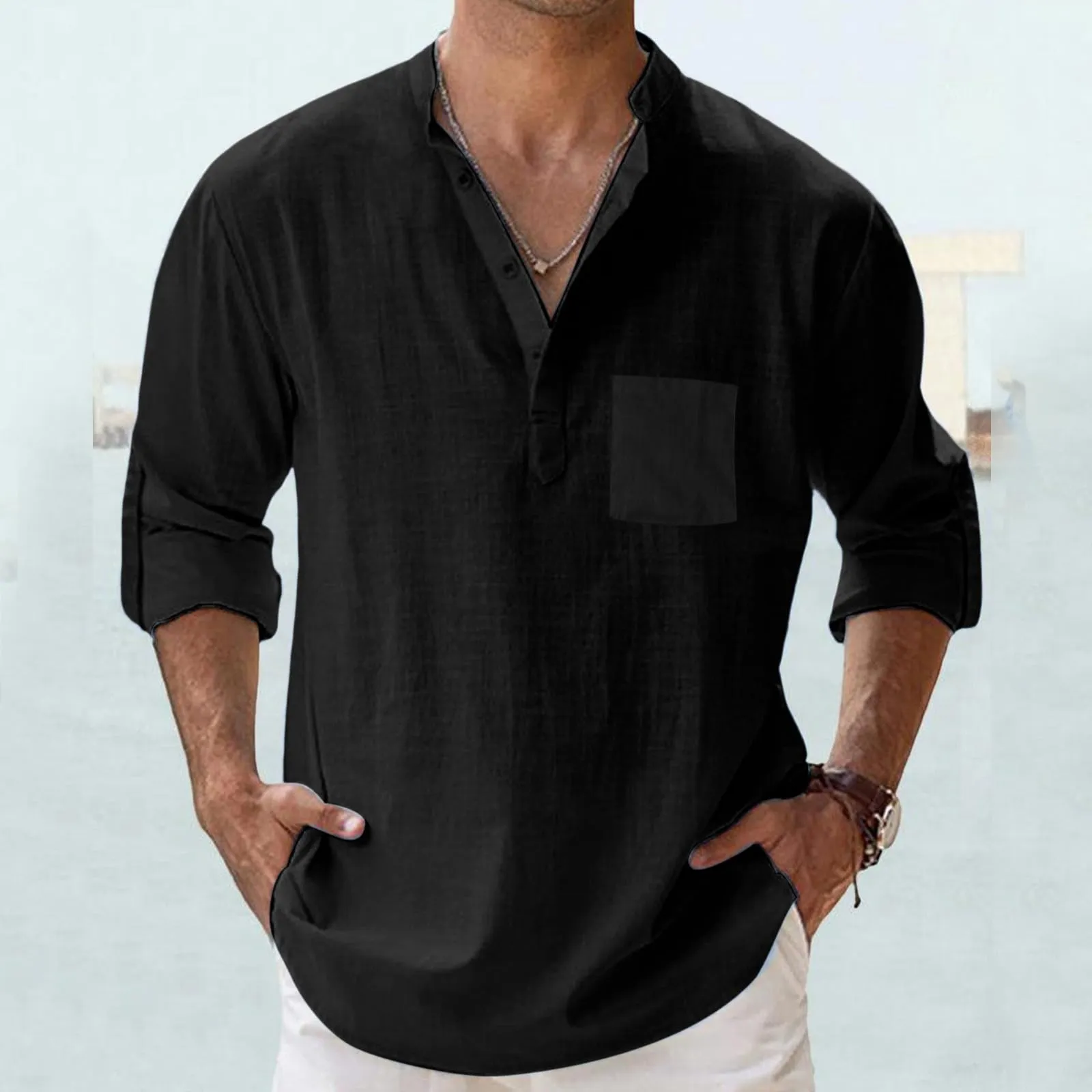CEWIFO Camicia in Lino Uomo Manica Lunga Collo Coreana Tinta Unita Nero 4XL - immagine 2