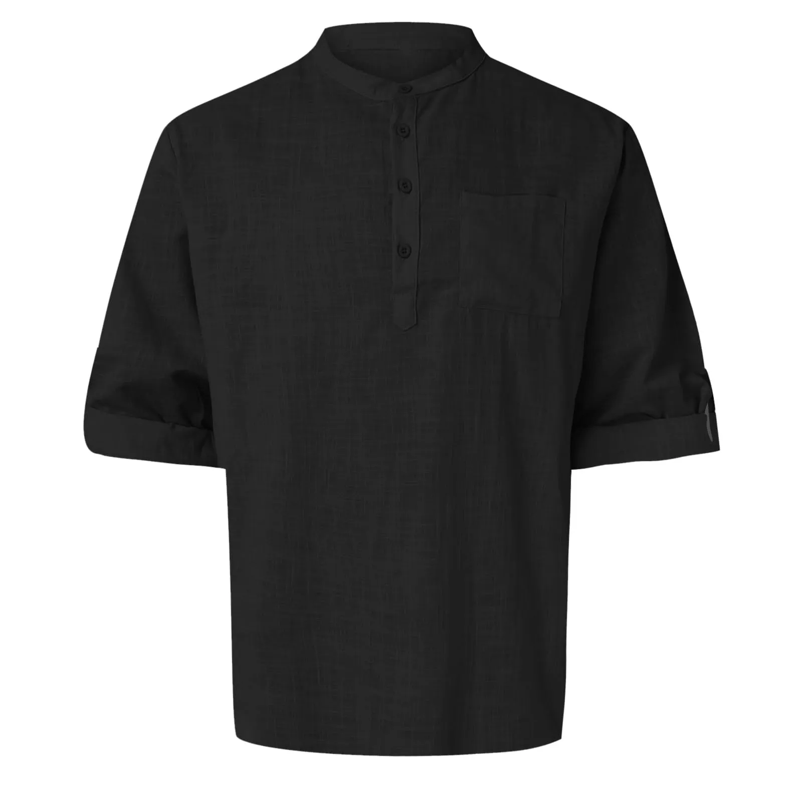 CEWIFO Camicia in Lino Uomo Manica Lunga Collo Coreana Tinta Unita Nero 4XL - immagine 3