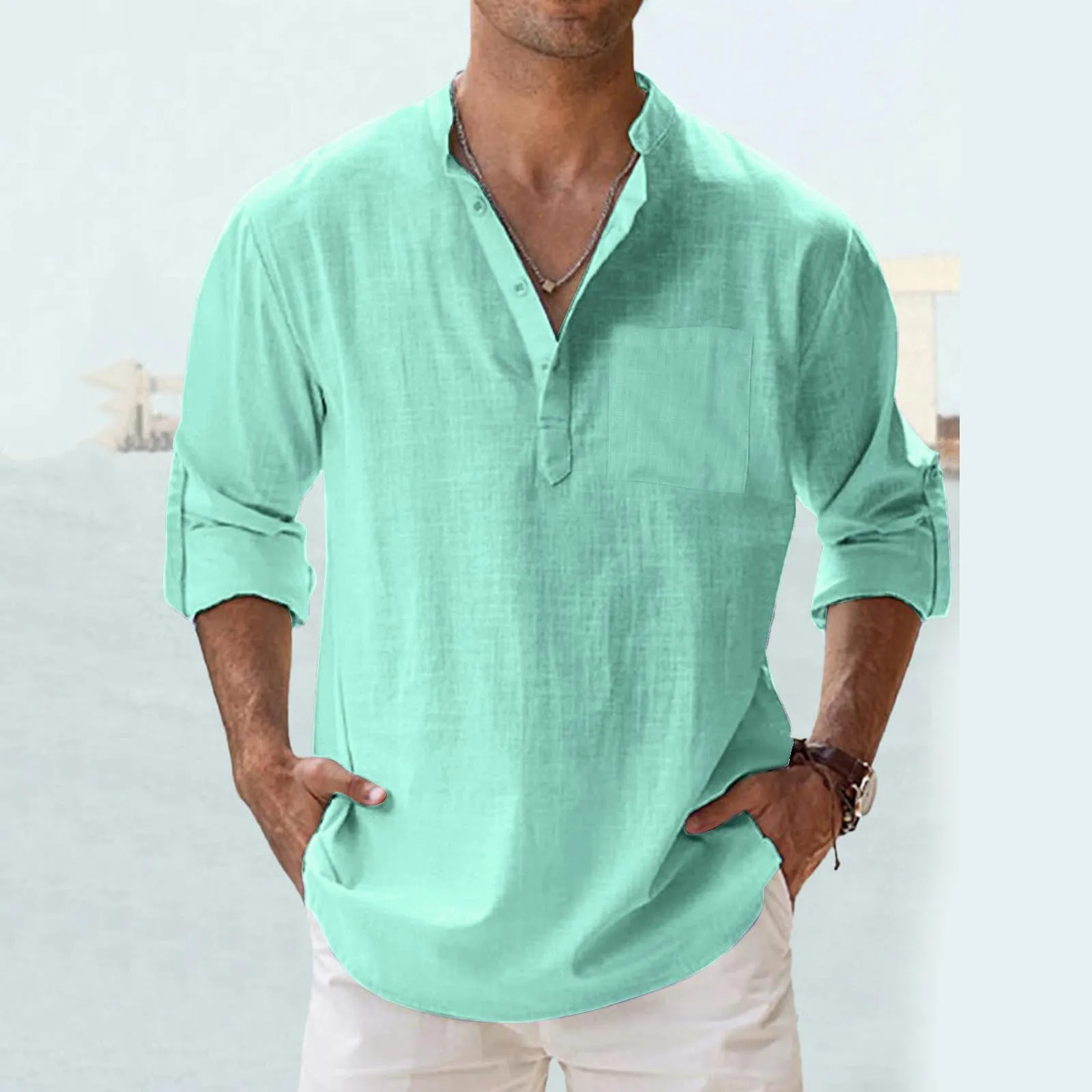 CEWIFO Camicia Lino Uomo Manica Lunga Henley Slim Fit Verde-1 - immagine 2