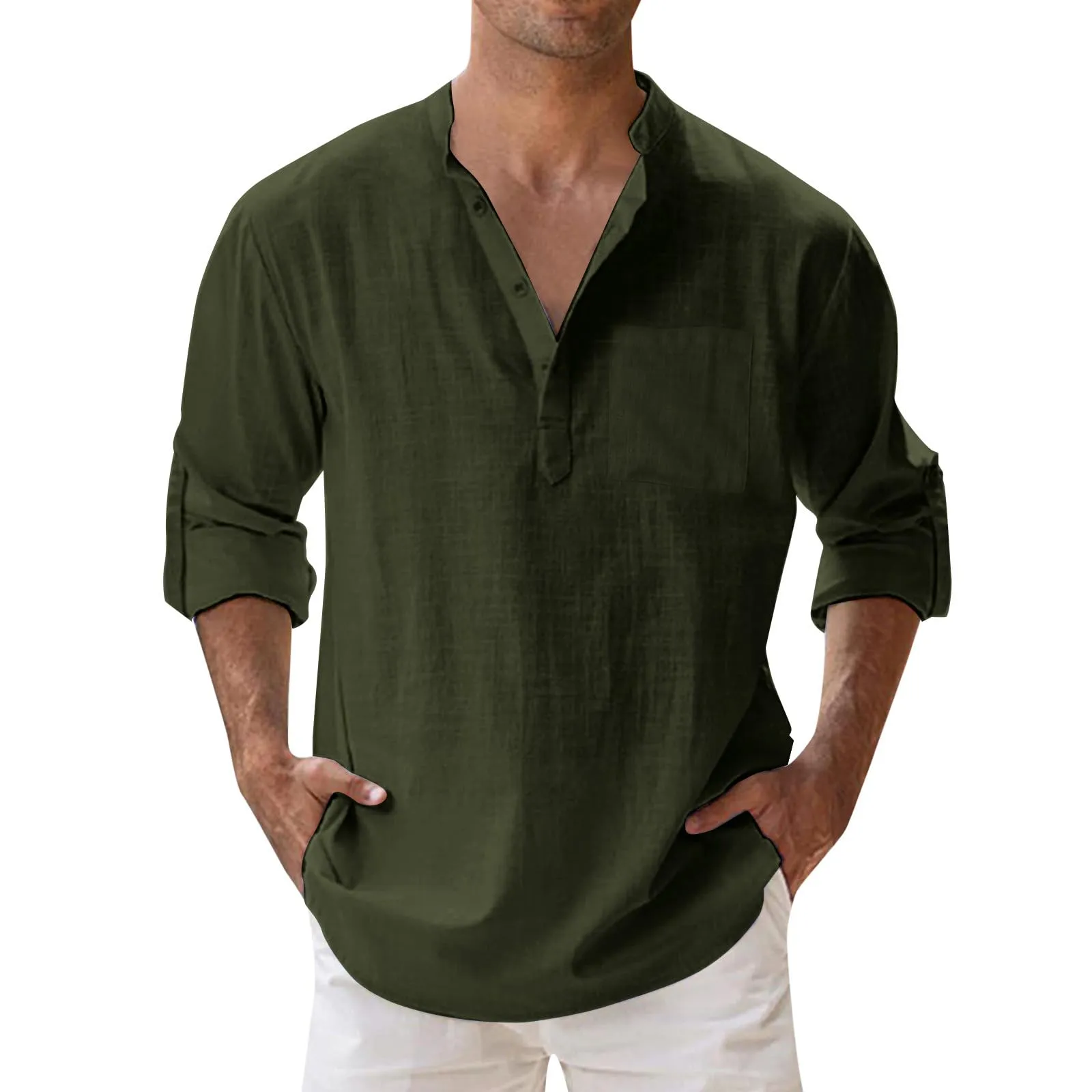 CEWIFO Camicia in Lino e Cotone Uomo Manica Lunga Vestibilità Regolare - immagine 6