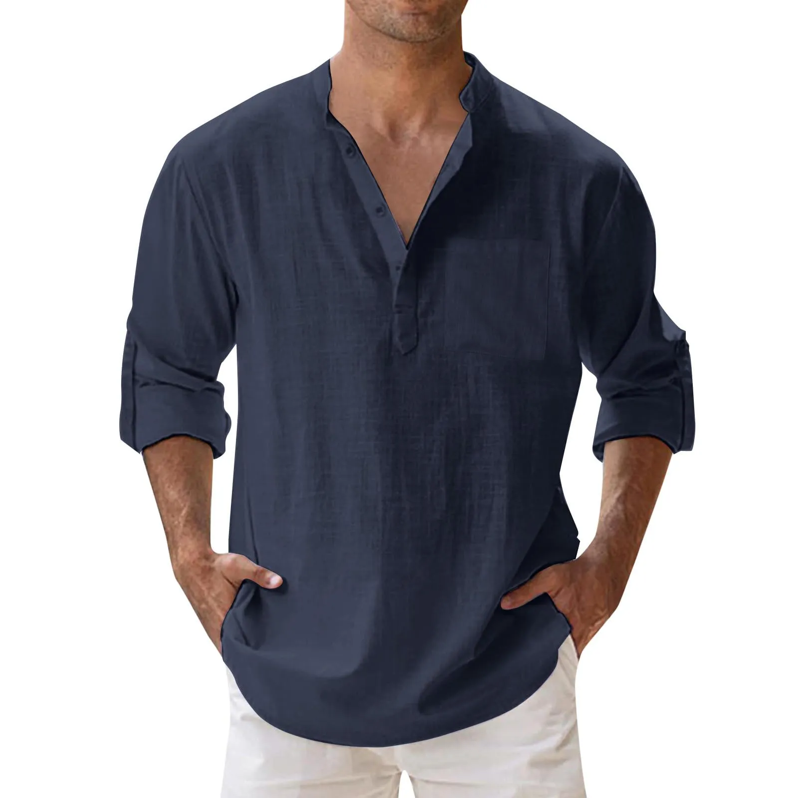 CEWIFO Camicia in Lino da Uomo, Manica Lunga, Slim Fit, Collo Coreano con Taschino - immagine 1