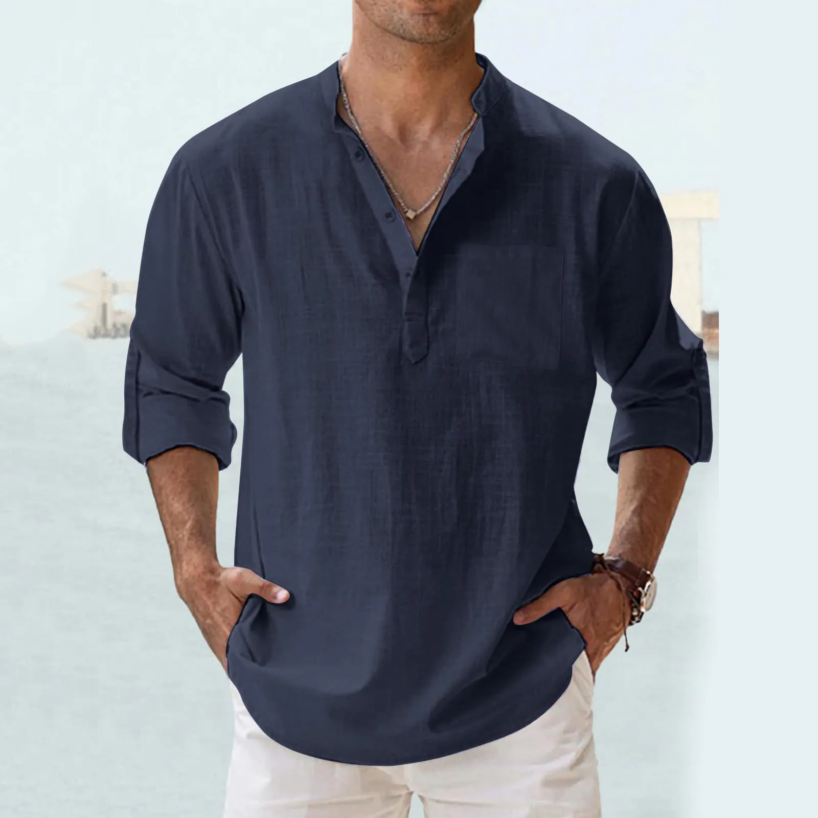 CEWIFO Camicia in Lino da Uomo, Manica Lunga, Slim Fit, Collo Coreano con Taschino - immagine 2