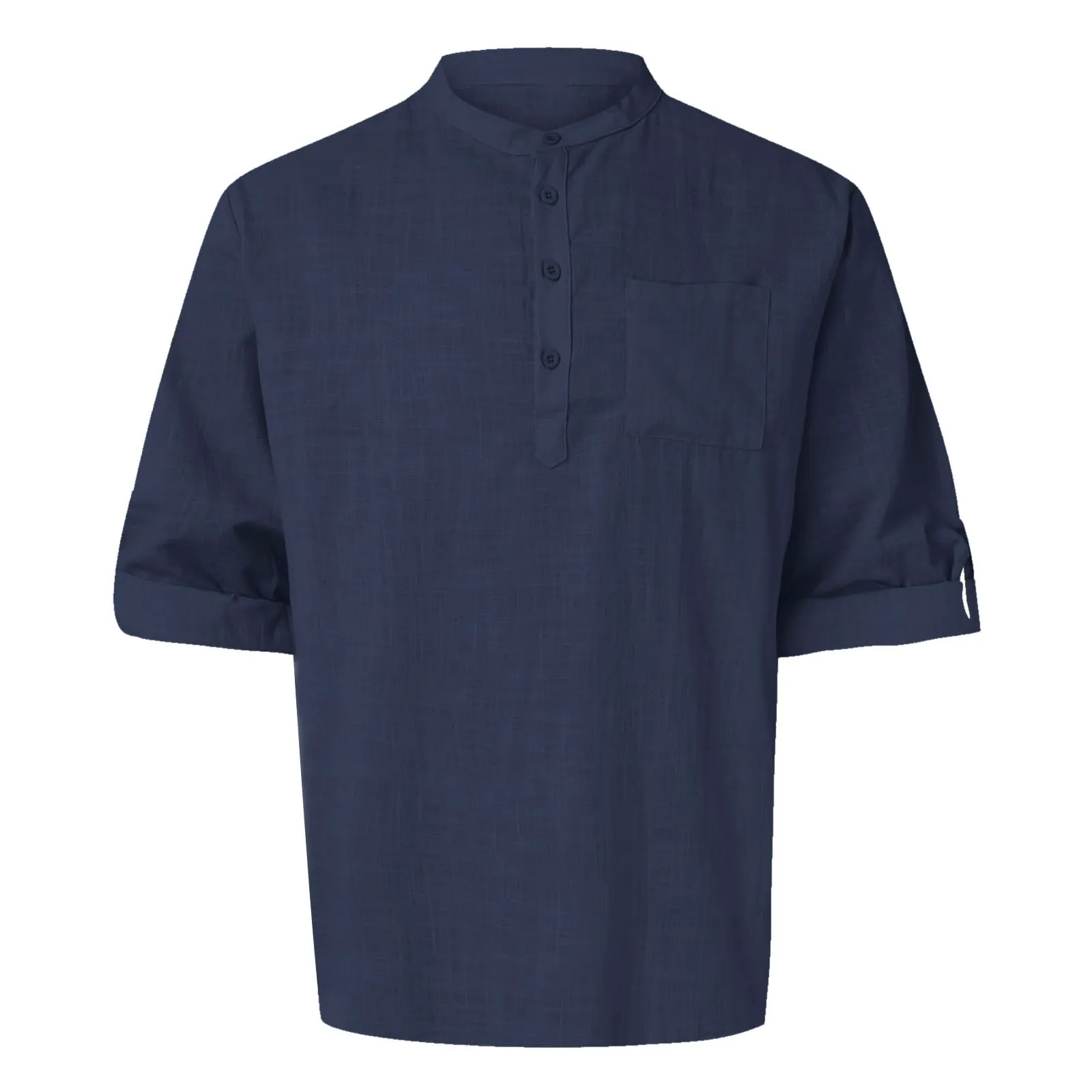 CEWIFO Camicia in Lino da Uomo, Manica Lunga, Slim Fit, Collo Coreano con Taschino - immagine 4