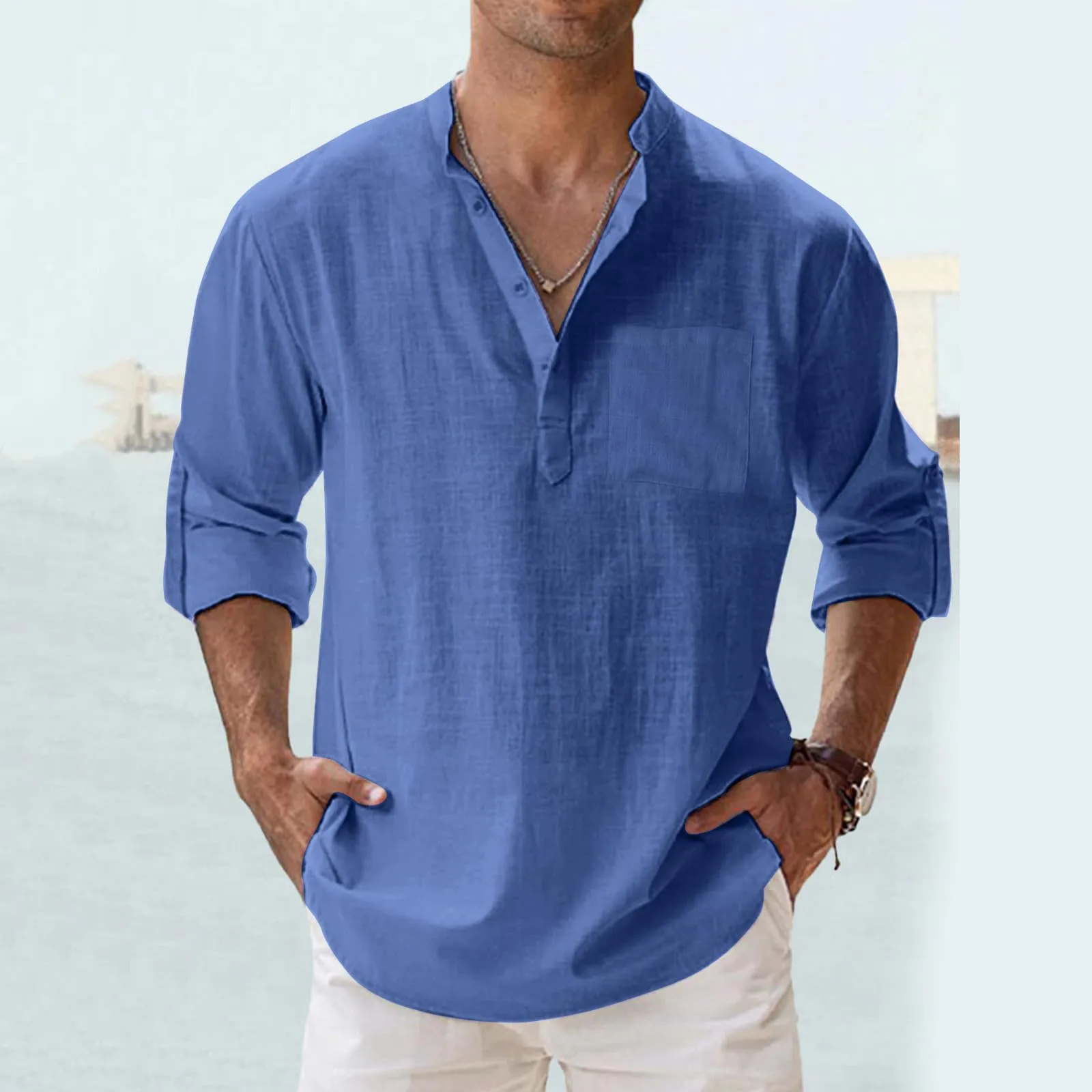 CEWIFO Camicia in Lino Uomo Collo Button-down Maniche Corte Slim Fit Estate Casual - immagine 2