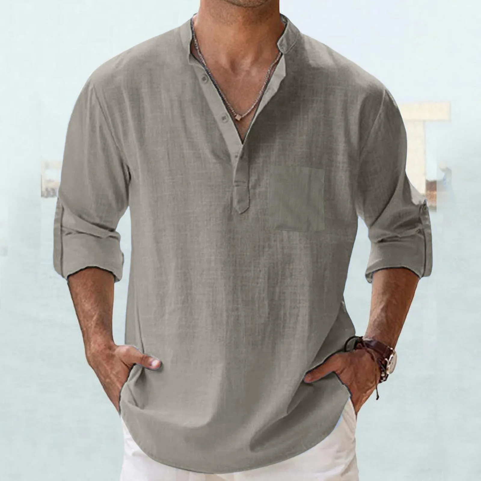 CEWIFO Camicia in Lino da Uomo Coreana Slim Fit Manica Lunga Casual Traspirante - immagine 2