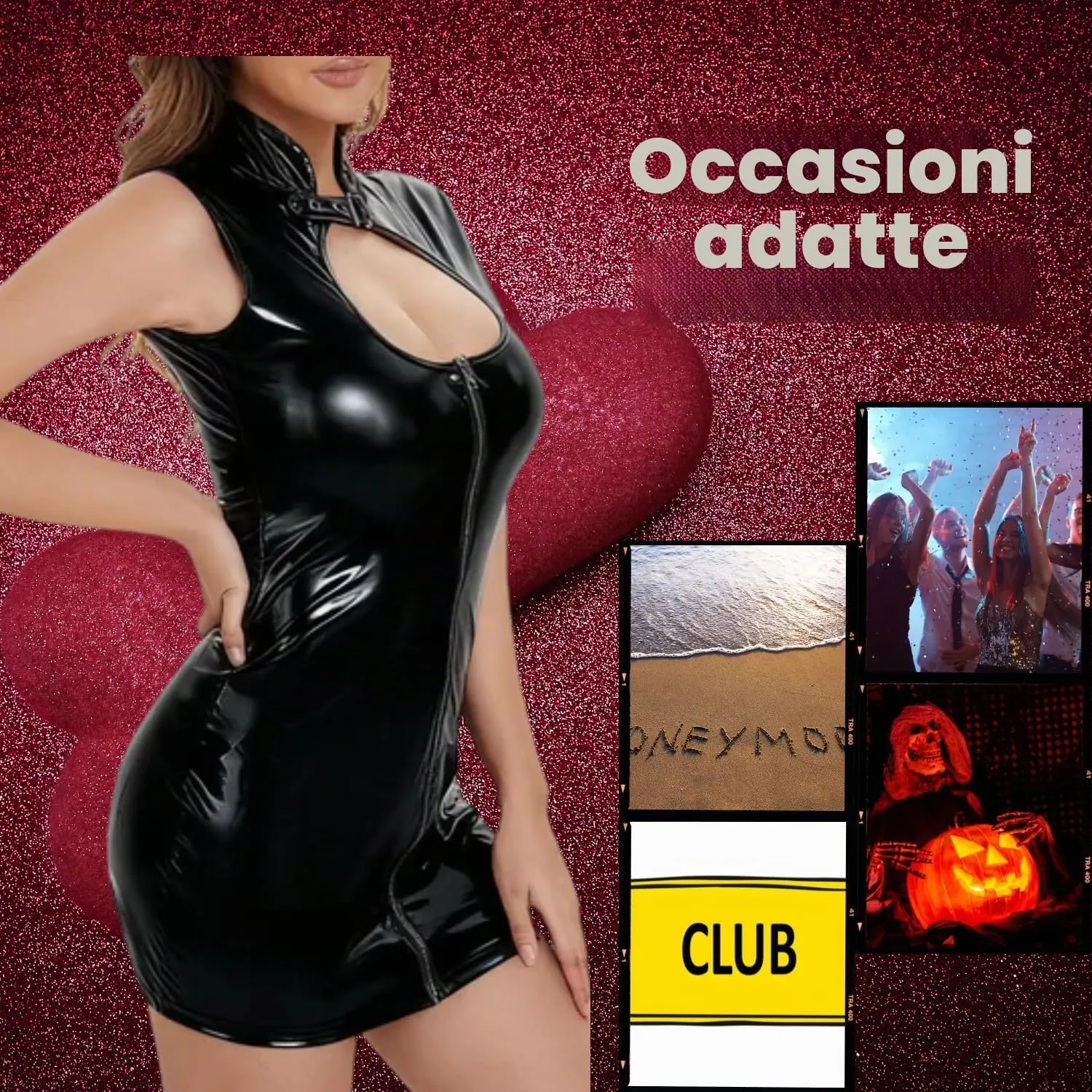 Gatamiau Mini Abito Donna in Pelle Verniciata Wetlook, Nero, S - immagine 4