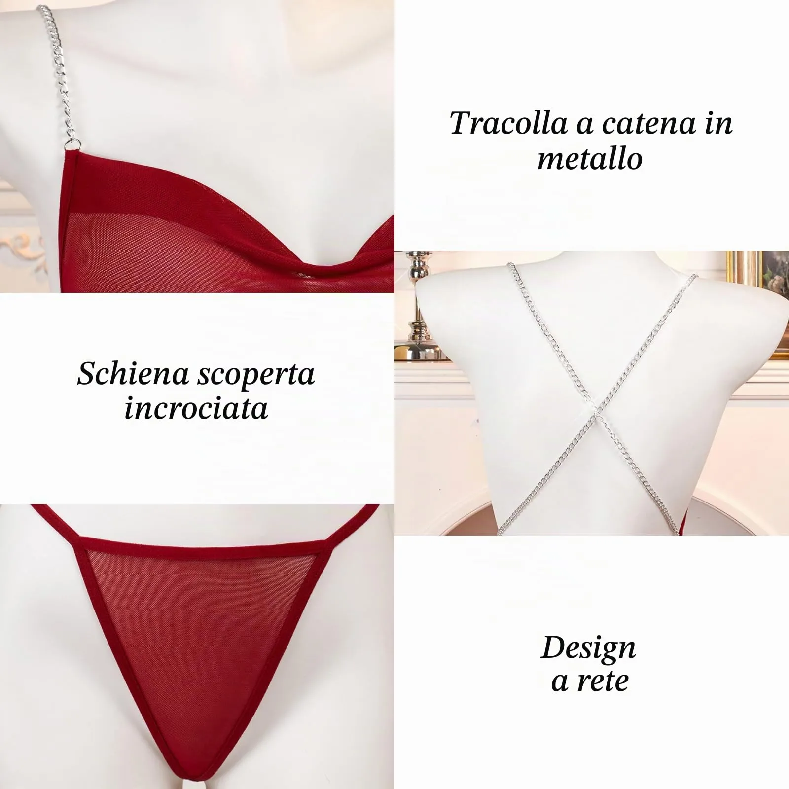 PARUPRUP Donna Mini Abito Trasparente con Spalline in Metallo Babydoll Senza Schiena (Rosso) - immagine 6