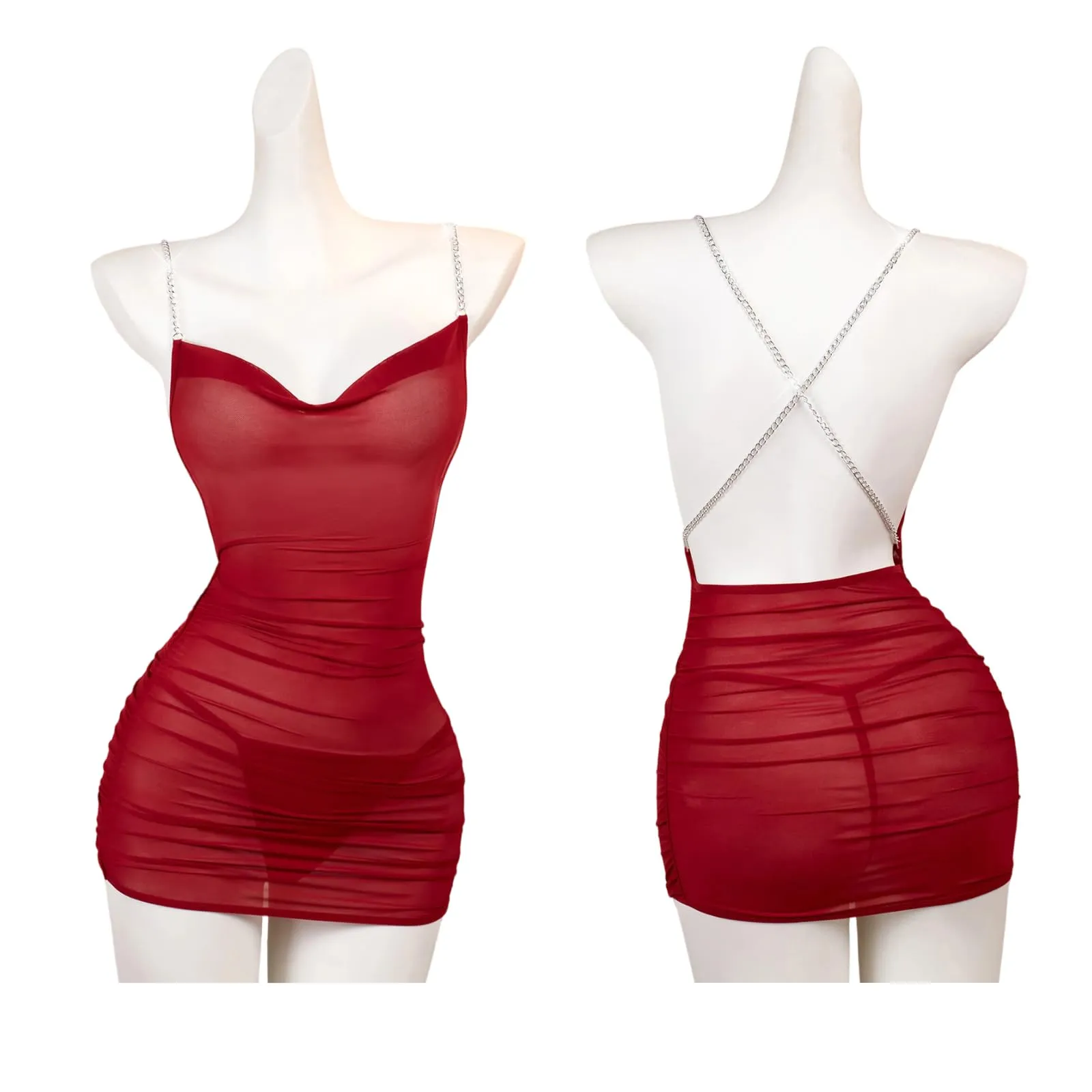 PARUPRUP Donna Mini Abito Trasparente con Spalline in Metallo Babydoll Senza Schiena (Rosso) - immagine 7