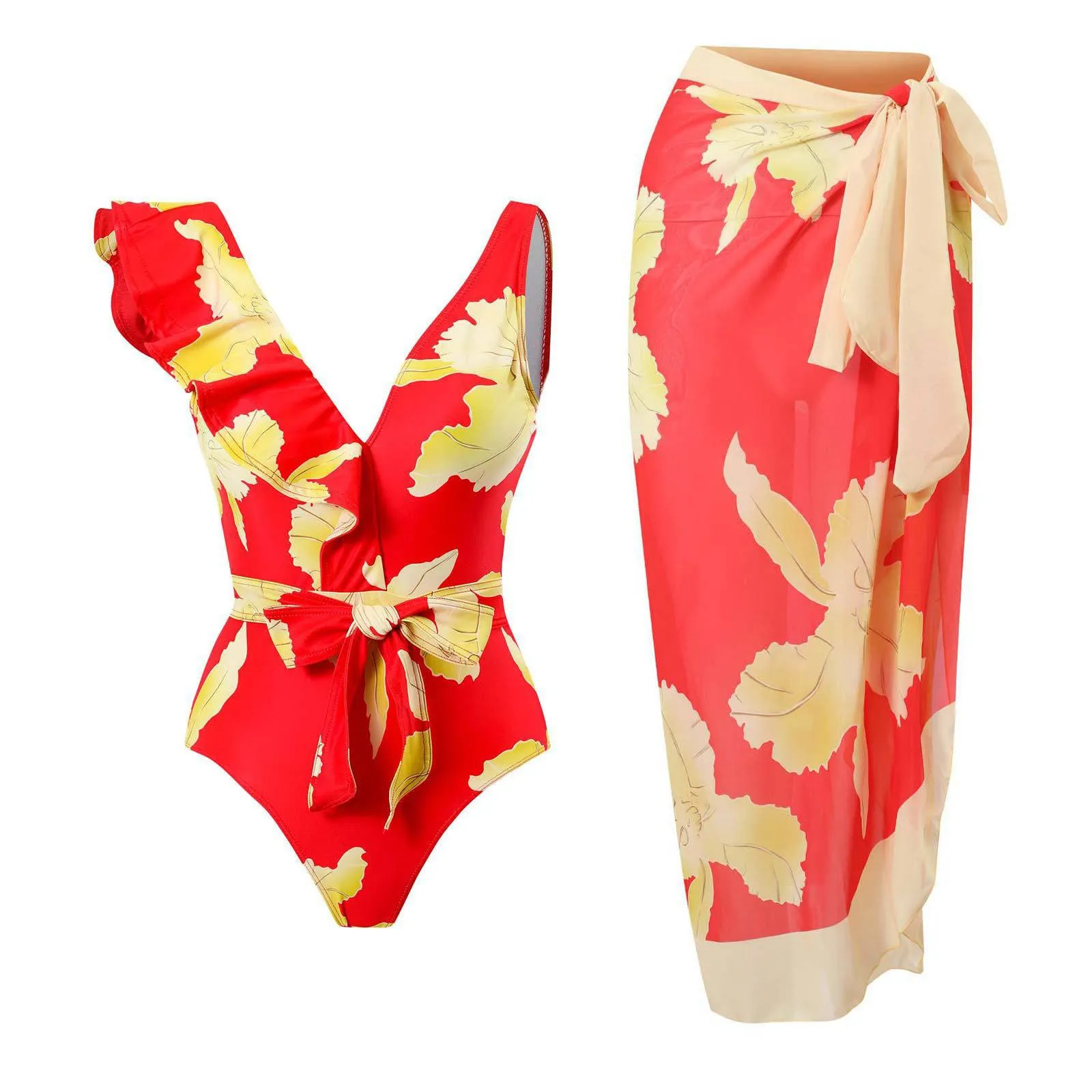 PAIDAXING Costume da bagno da donna 2 pezzi monokini con pareo e gonna avvolgente, stampa floreale vintage, rosso, S - immagine 2