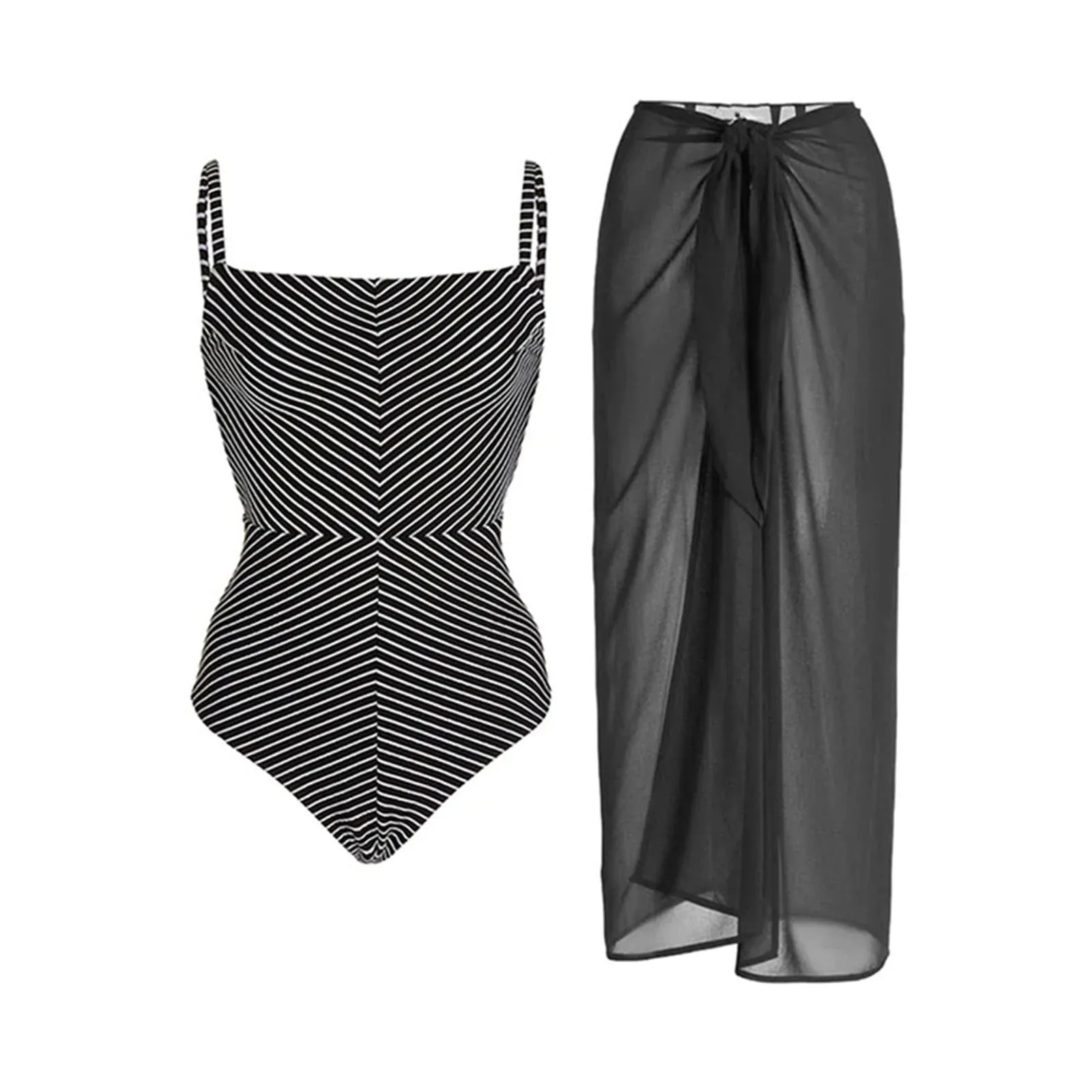 PAIDAXING Costume da bagno da donna in 2 pezzi con pareo, stampa floreale, monokini con gonna lunga avvolgente, 43-nero, S - immagine 1