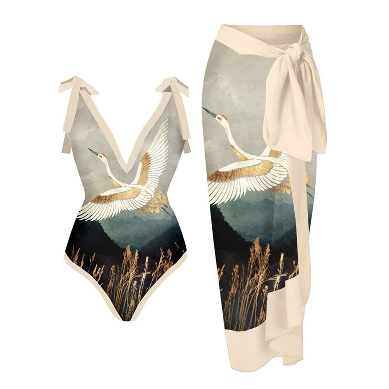 PAIDAXING Costume da bagno da donna 2 pezzi con pareo, stampa floreale vintage, monokini con gonna lunga avvolgente, 32-cachi, M - immagine 1