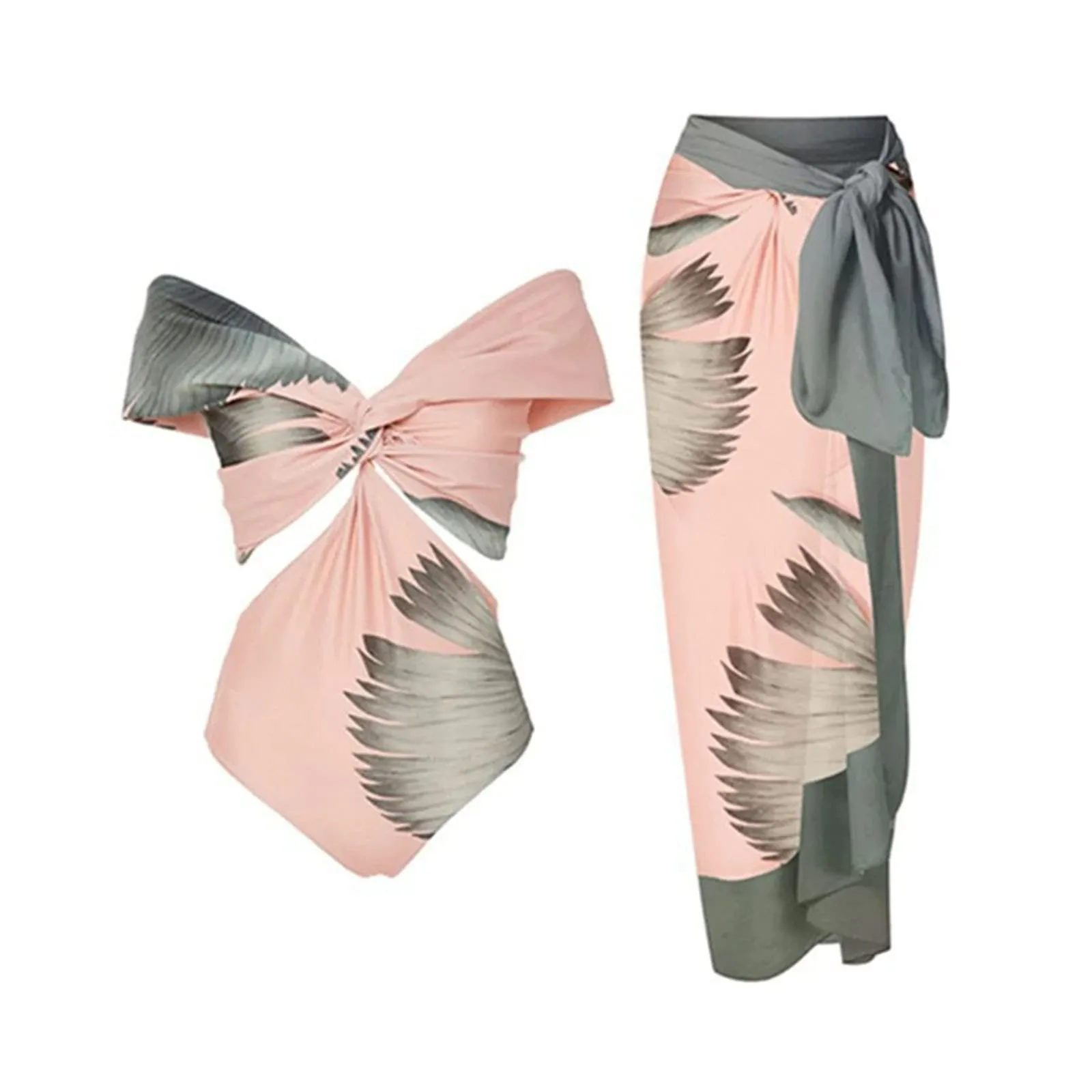 PAIDAXING Costume da bagno da donna 2 pezzi con pareo, stampa floreale, monokini con gonna lunga avvolgente, 41-rosa, M - immagine 1