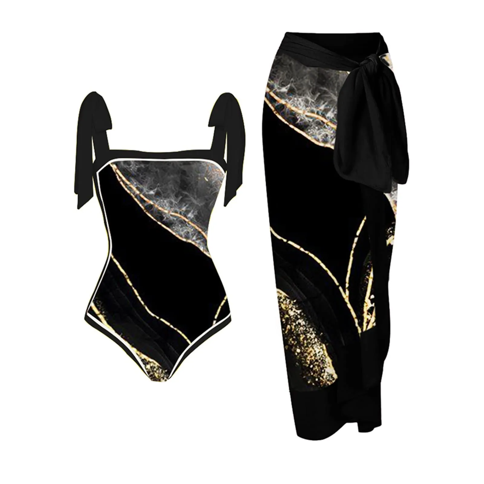 PAIDAXING Costume da bagno da donna in 2 pezzi con pareo, stampa floreale, monokini con gonna lunga avvolgente, 07-Nero, 3XL - immagine 1