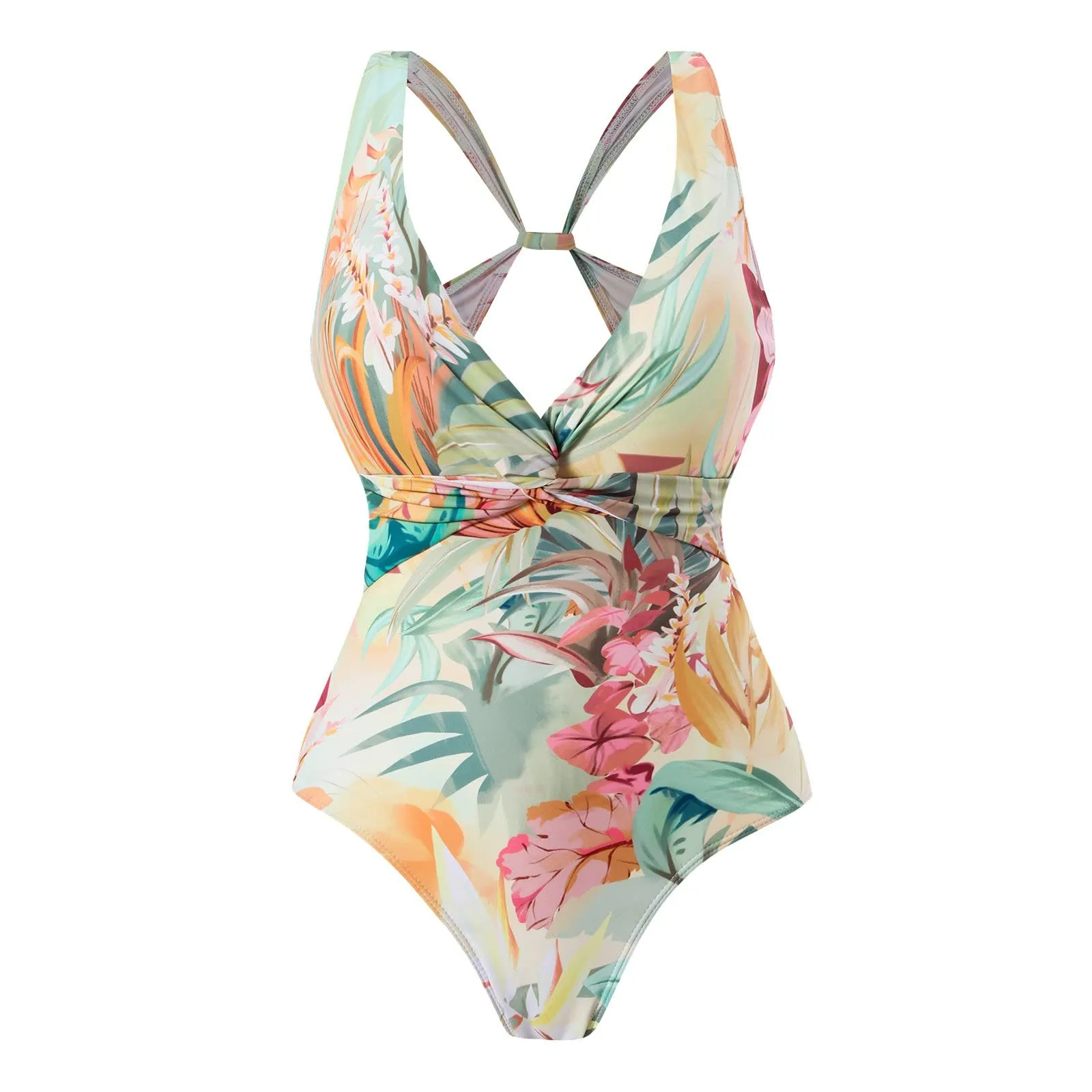 PAIDAXING Costume da bagno da donna 2 pezzi con pareo, stampa floreale, monokini con gonna lunga avvolgente, giallo, XL - immagine 5