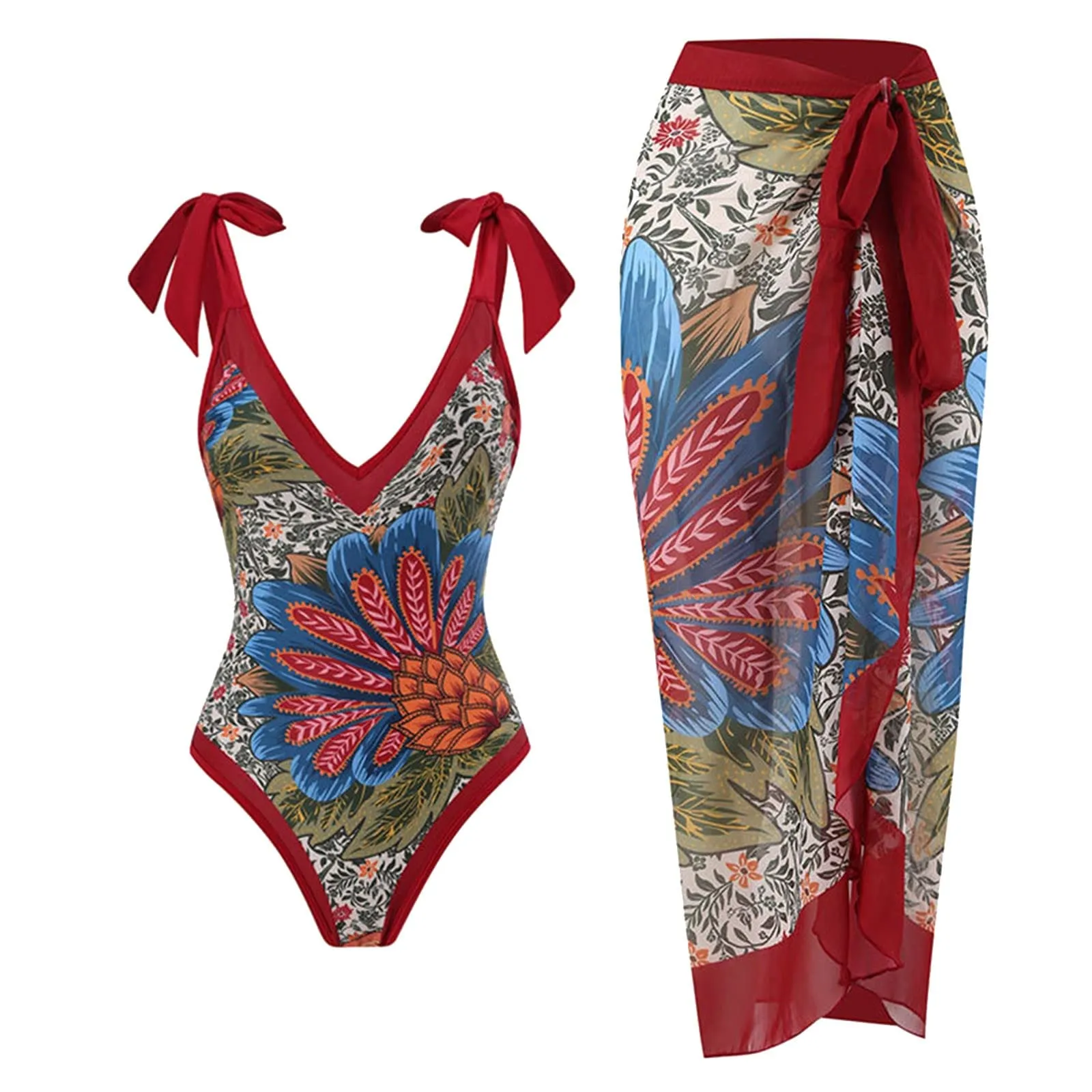 PAIDAXING Costume da bagno da donna 2 pezzi con pareo, stampa floreale, monokini con gonna lunga avvolgente, vino, S - immagine 1