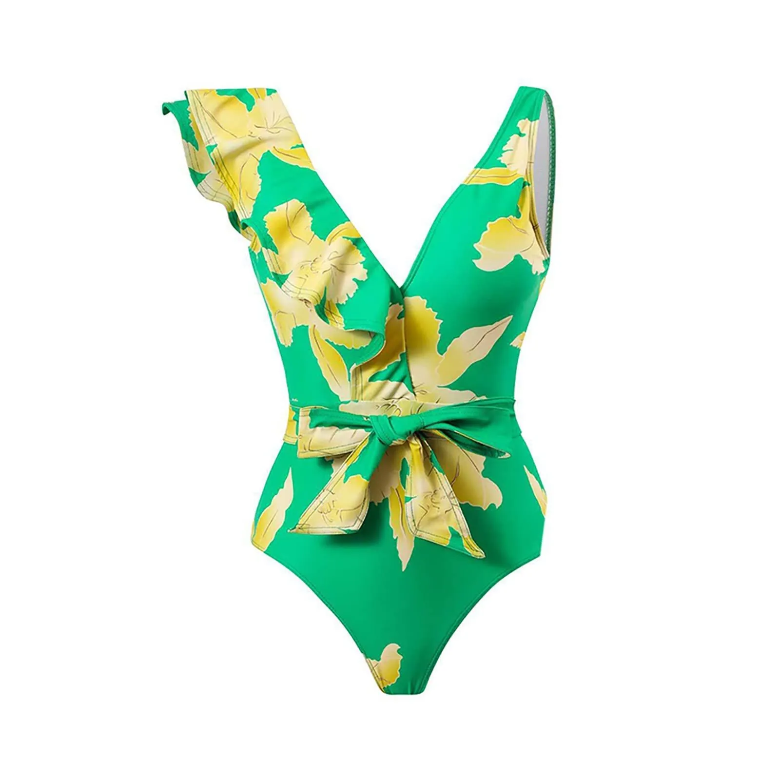 PAIDAXING Costume da bagno da donna 2 pezzi con pareo, stampa floreale vintage, monokini con gonna lunga avvolgente Boho, Verde, XL - immagine 4