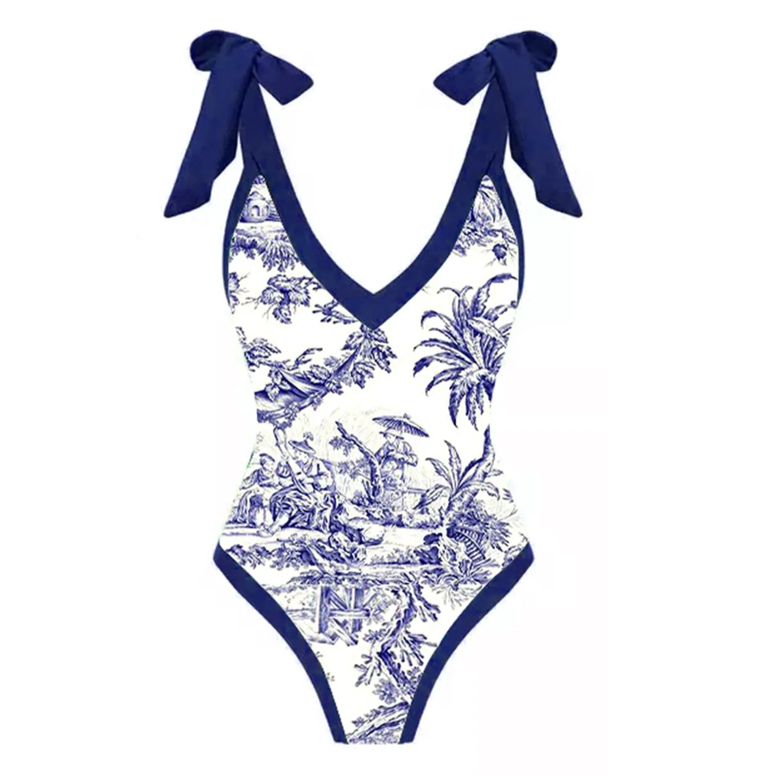 PAIDAXING Costume da bagno da donna 2 pezzi con pareo, stampa floreale vintage, monokini con gonna avvolgente, blu, XL - immagine 4