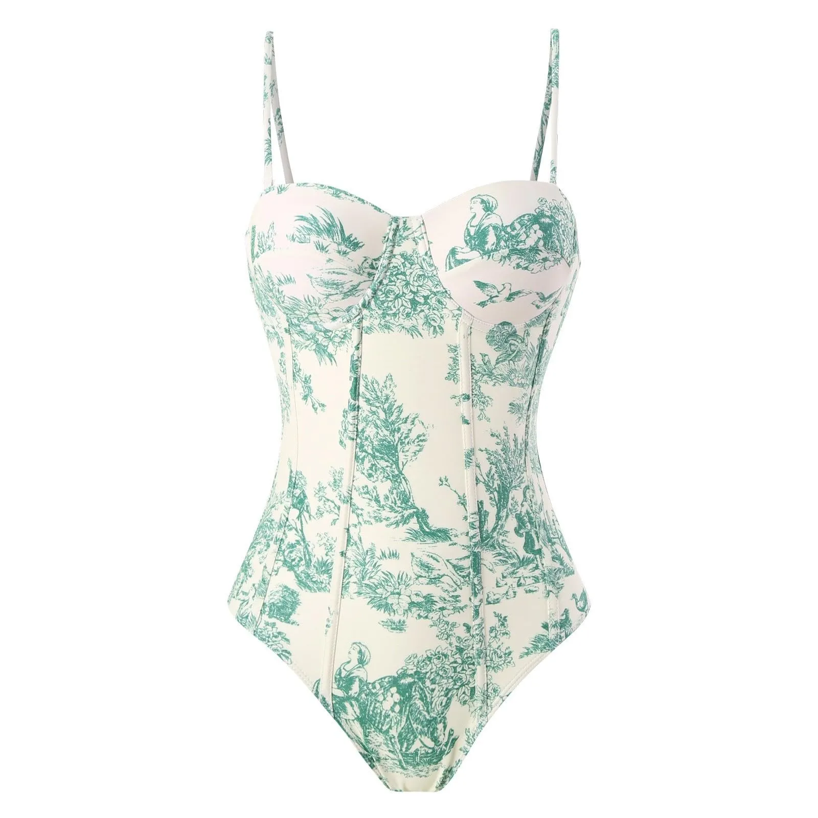 PAIDAXING Costume da bagno da donna 2 pezzi con pareo, stampa floreale vintage, monokini con gonna lunga avvolgente, 02-verde, L - immagine 4
