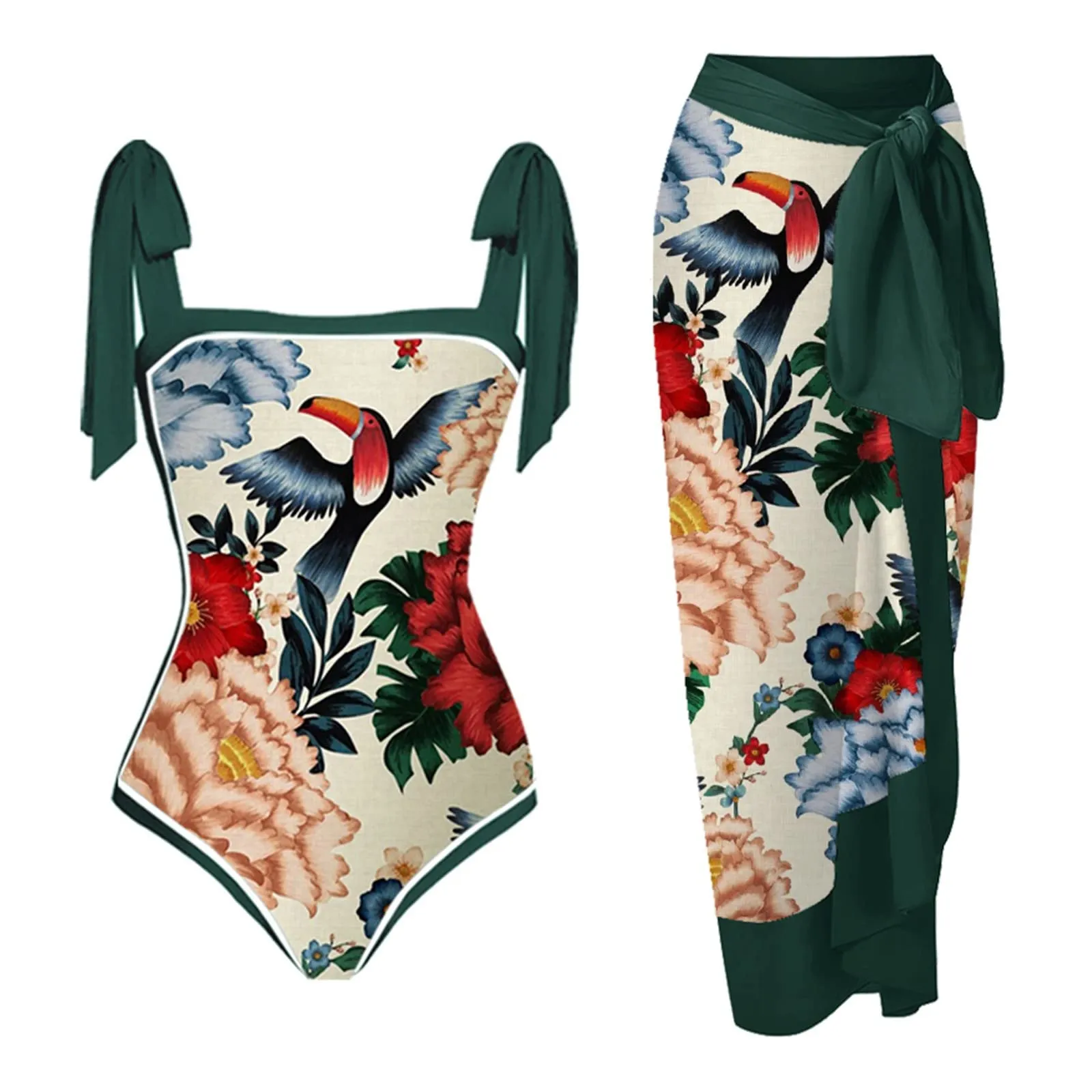 PAIDAXING Costume da bagno da donna 2 pezzi con pareo, stampa floreale vintage, monokini con gonna lunga avvolgente, Rosso, 3XL - immagine 1