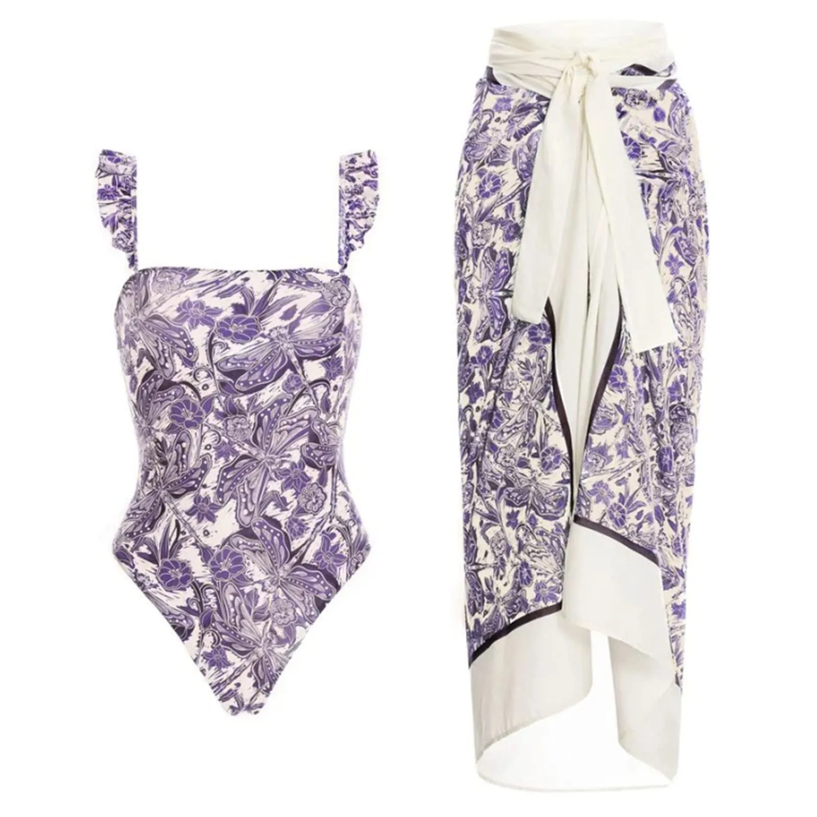 PAIDAXING Costume da bagno da donna 2 pezzi con pareo, stampa floreale, monokini con gonna avvolgente Boho, 18-viola, M - immagine 1