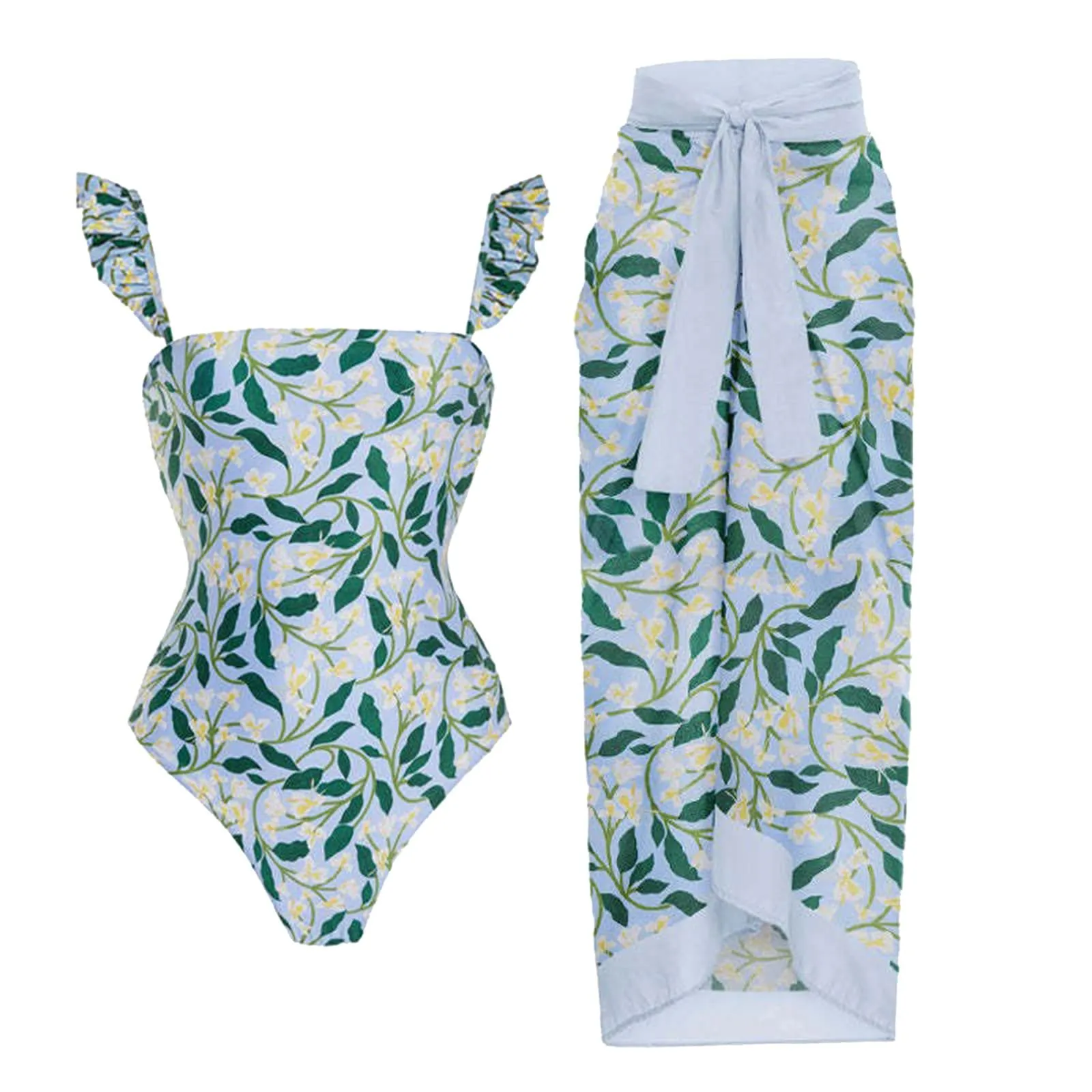 PAIDAXING Costume da Bagno Donna 2 Pezzi con Pareo, Stampa Floreale Vintage, Monokini con Gonna Avvolgente, Verde, XL - immagine 2