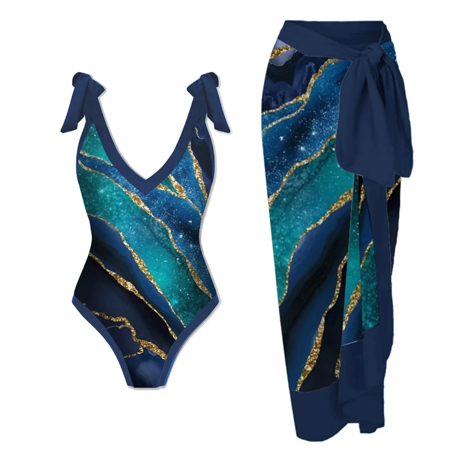 PAIDAXING Costume da bagno da donna 2 pezzi con pareo, stampa floreale vintage, monokini con gonna lunga avvolgente, blu scuro, M - immagine 2