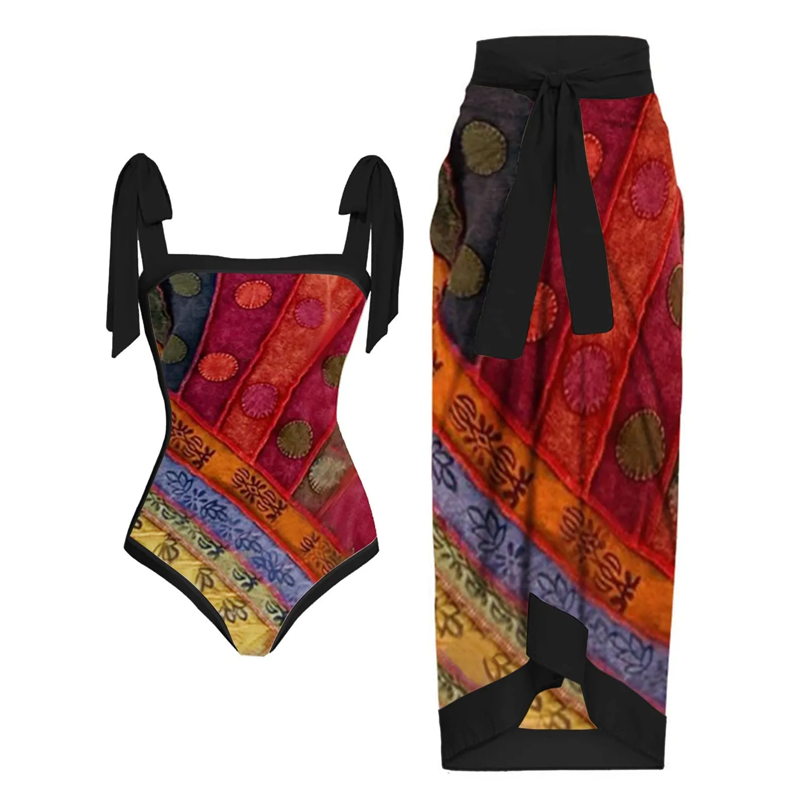 PAIDAXING Costume da bagno da donna in 2 pezzi con pareo, stampa floreale, monokini con gonna avvolgente, rosso, M - immagine 2