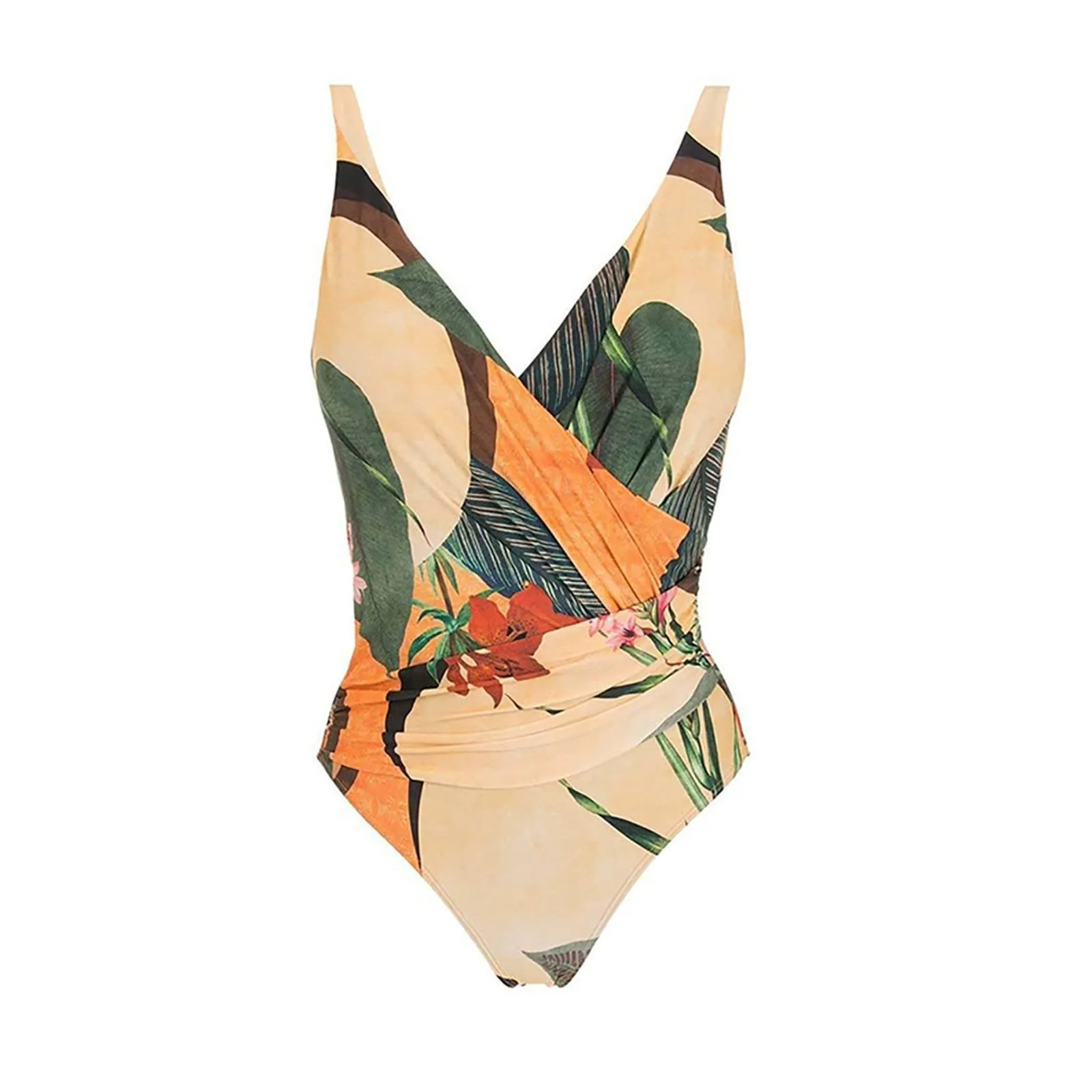 PAIDAXING Costume da bagno da donna 2 pezzi con pareo, stampa floreale vintage, monokini con gonna avvolgente, 35-beige, XL - immagine 4
