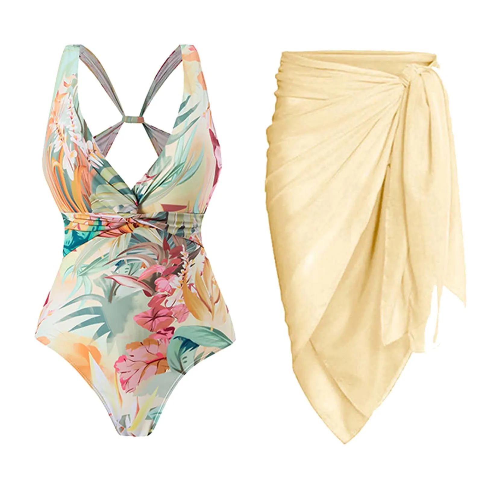 PAIDAXING Costume da bagno da donna 2 pezzi con pareo, stampa floreale vintage, monokini con gonna lunga avvolgente, Giallo, M - immagine 1