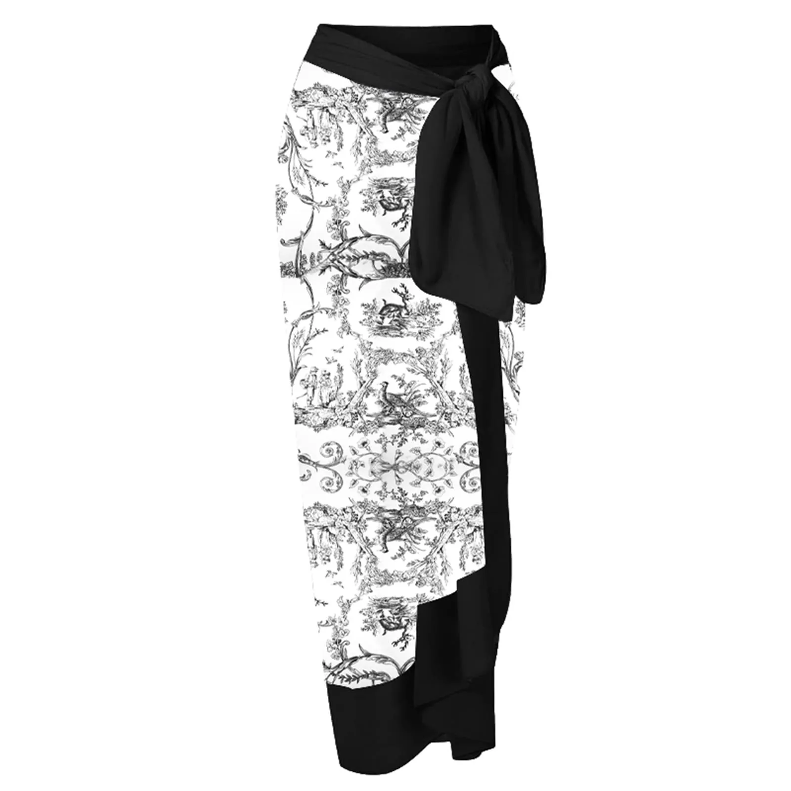 PAIDAXING Costume da bagno da donna 2 pezzi con pareo, monokini stampa floreale vintage e gonna avvolgente, nero, M - immagine 5