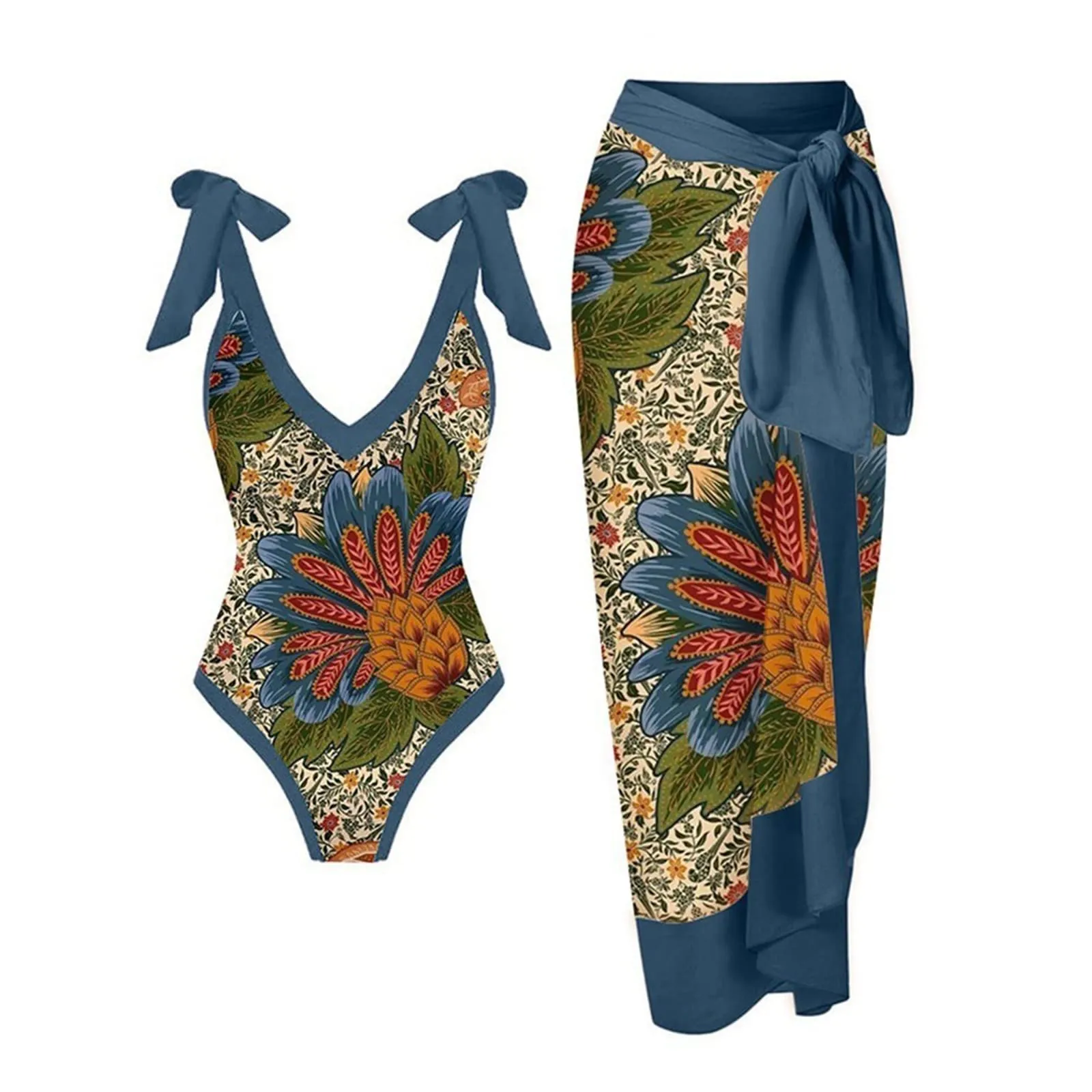 PAIDAXING Costume da bagno da donna 2 pezzi con pareo, stampa floreale, monokini con gonna lunga avvolgente Boho, verde militare, S - immagine 1