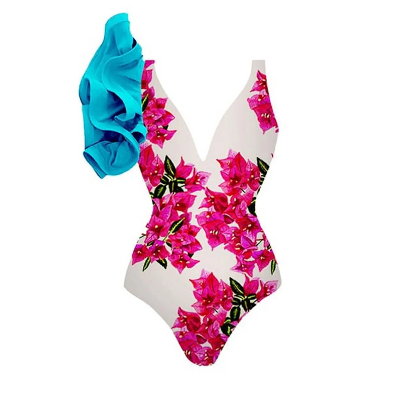 PAIDAXING Costume da bagno da donna 2 pezzi con pareo, stampa floreale vintage, monokini con gonna avvolgente Boho, blu, S - immagine 4