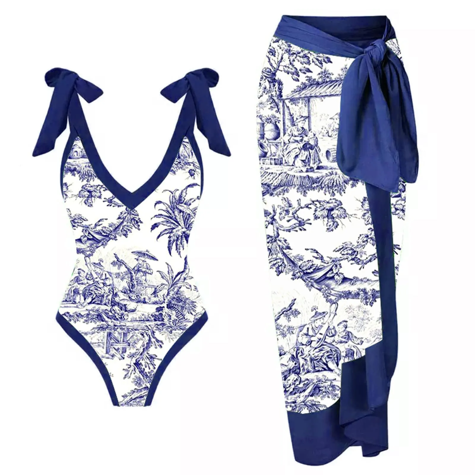 PAIDAXING Costume da Bagno da Donna 2 Pezzi con Pareo, Stampa Floreale Vintage, Monokini con Gonna Avvolgente Boho, 14-blu, M - immagine 1