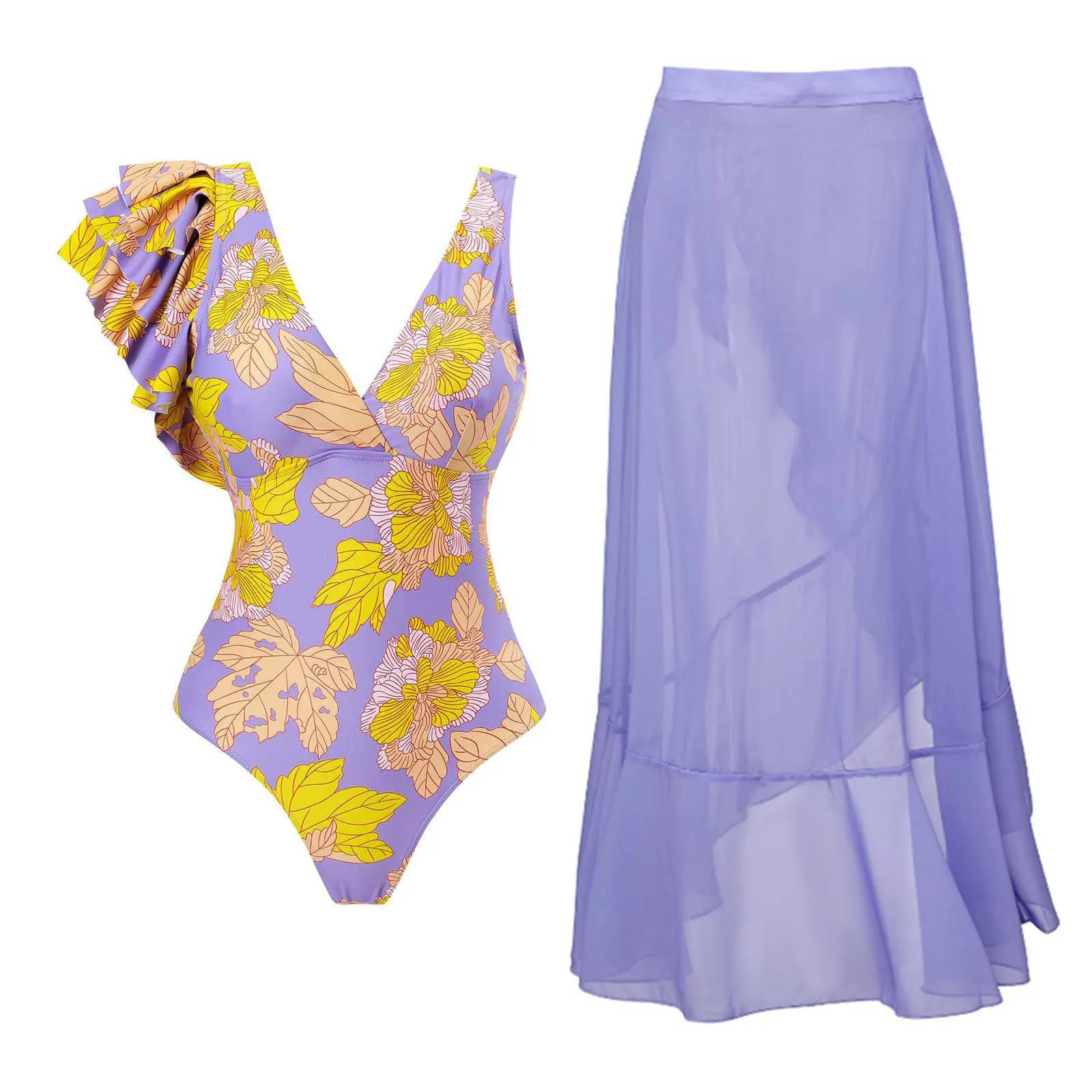 PAIDAXING Costume da bagno da donna 2 pezzi con pareo, stampa floreale vintage, monokini con gonna avvolgente, viola, M - immagine 2