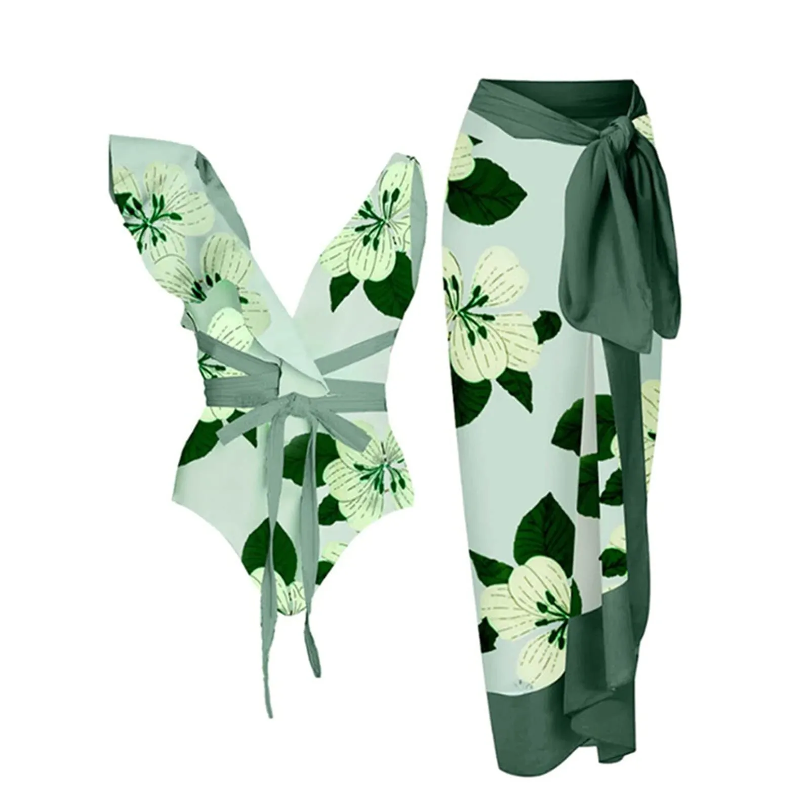 PAIDAXING Costume da bagno da donna 2 pezzi con pareo, stampa floreale vintage, monokini con gonna lunga avvolgente Boho, verde, XL - immagine 1
