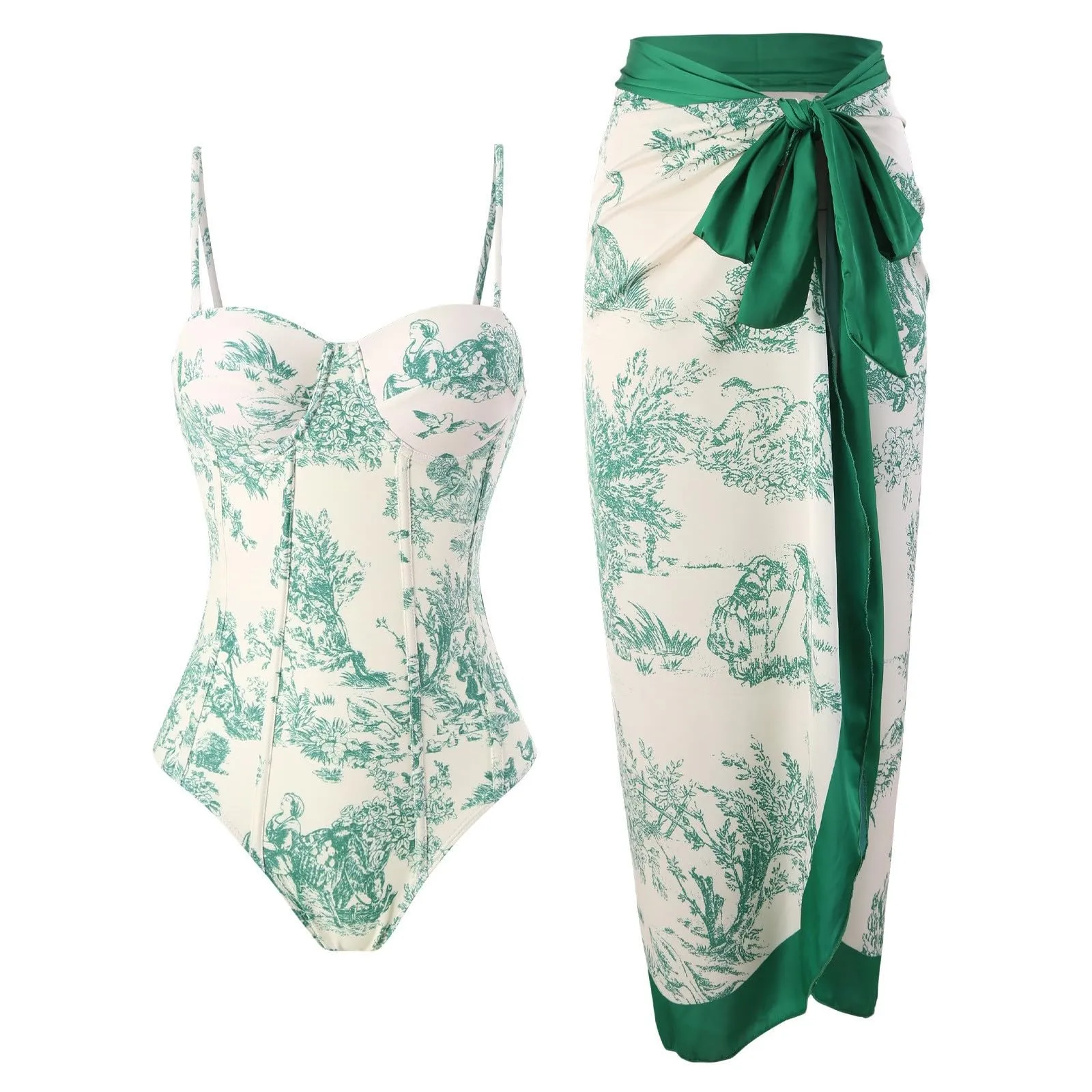 PAIDAXING Costume da bagno da donna 2 pezzi con pareo, stampa floreale vintage, monokini con gonna avvolgente Boho, verde, M - immagine 1