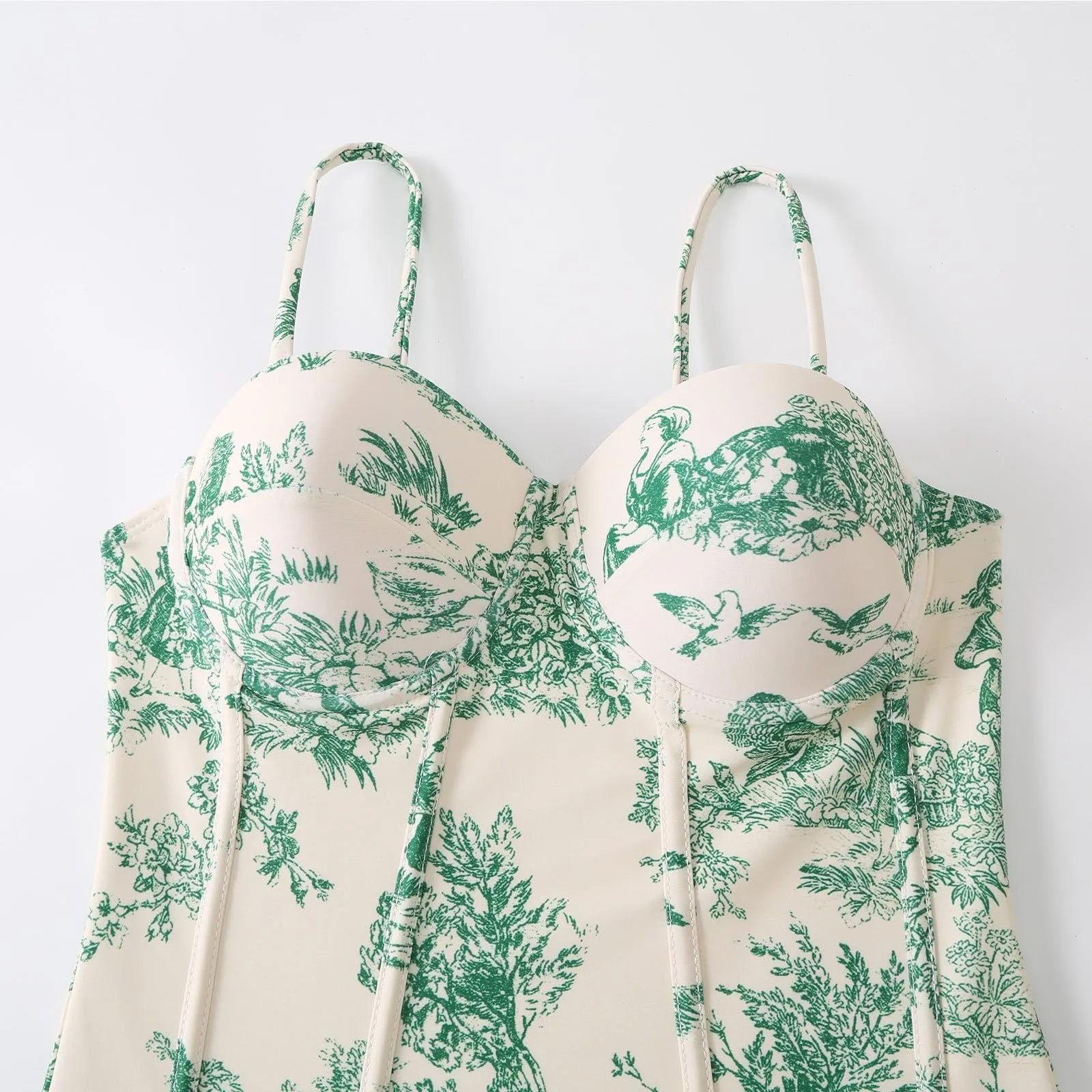 PAIDAXING Costume da bagno da donna 2 pezzi con pareo, stampa floreale vintage, monokini con gonna avvolgente Boho, verde, M - immagine 3