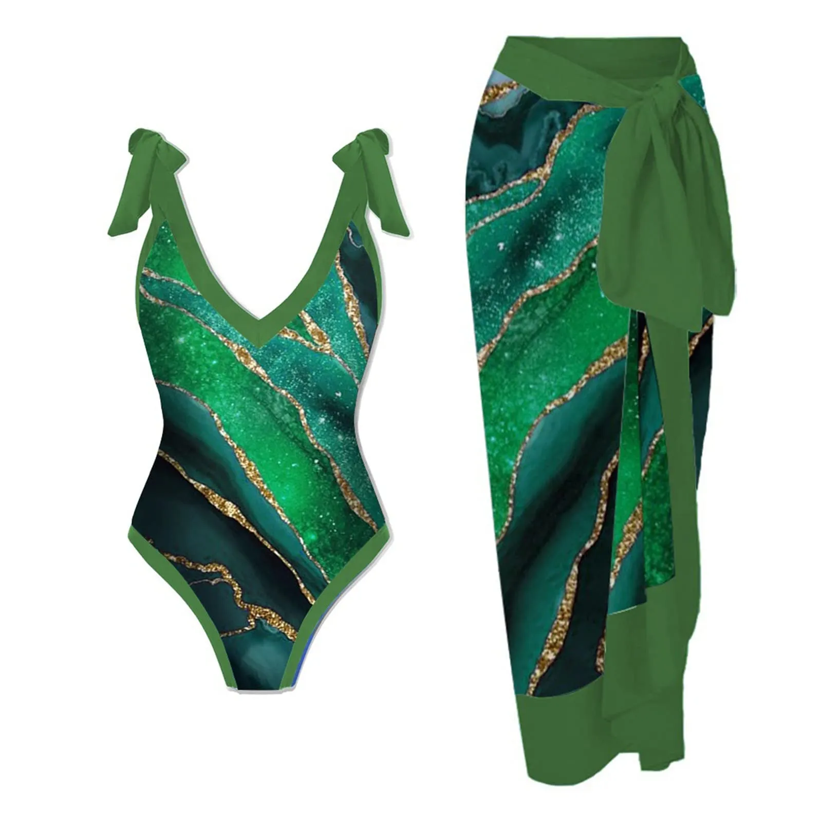PAIDAXING Costume da bagno da donna 2 pezzi Monokini con pareo avvolgente, Stampa floreale, 12 verdi, L - immagine 2