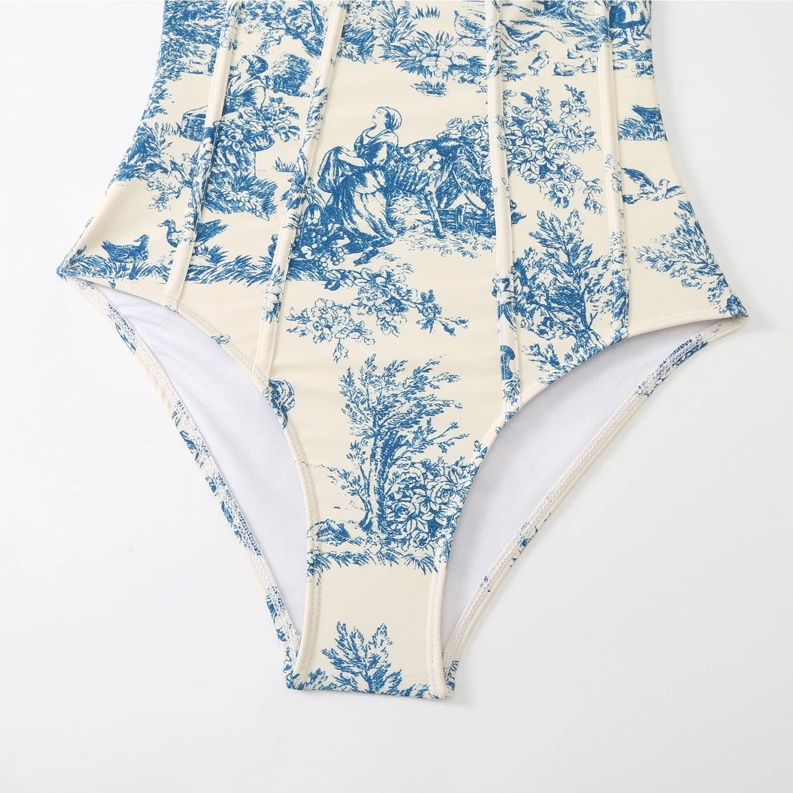 PAIDAXING Costume da bagno da donna 2 pezzi con pareo, monokini stampa floreale vintage, 01-blu, S - immagine 4