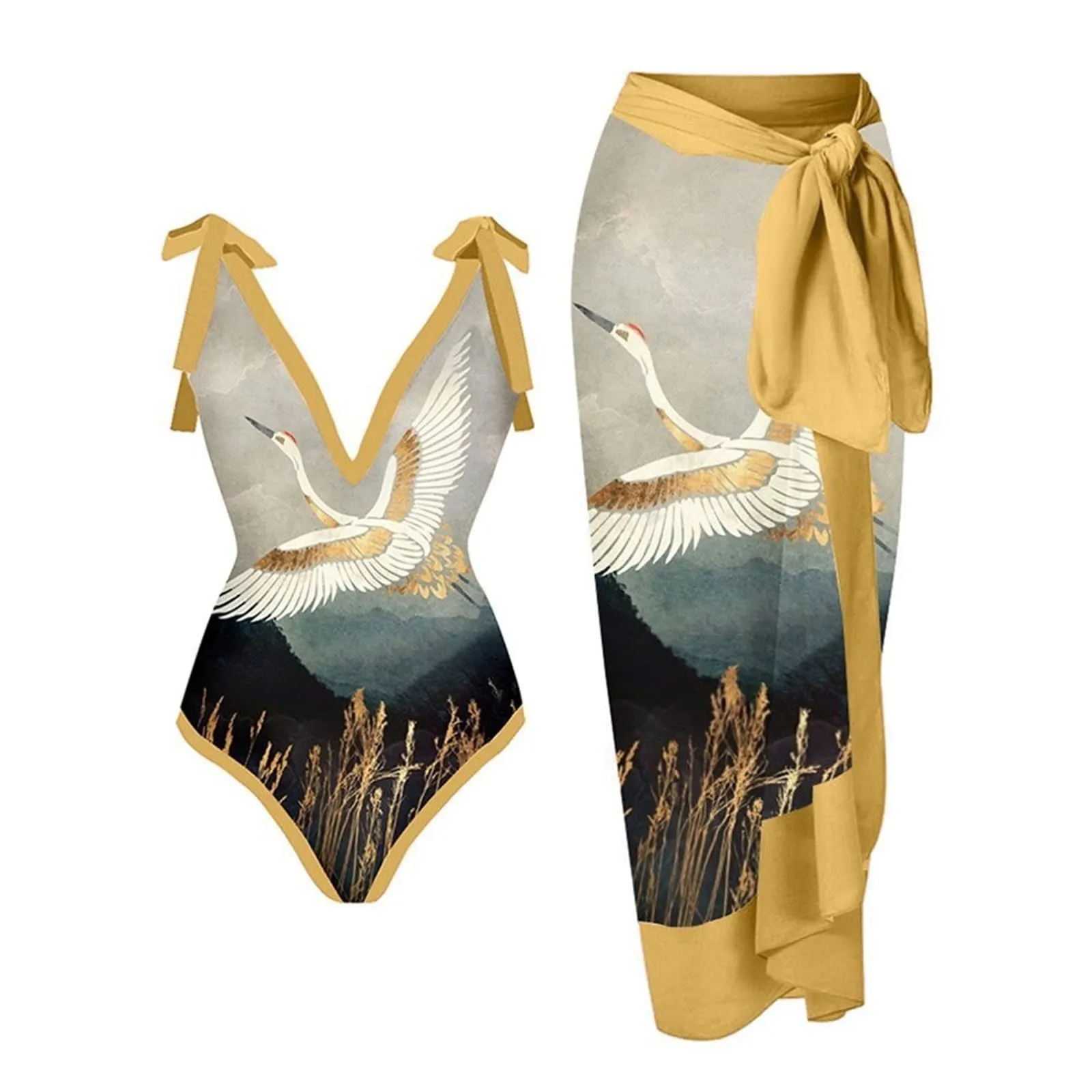 PAIDAXING Costume da bagno da donna 2 pezzi con pareo, stampa floreale vintage, oro, S - immagine 1