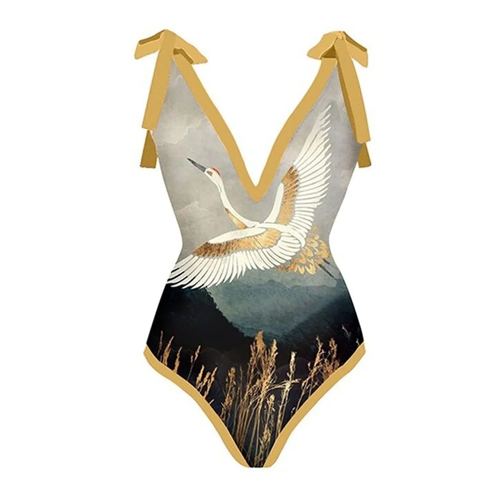 PAIDAXING Costume da bagno da donna 2 pezzi con pareo, stampa floreale vintage, oro, S - immagine 4